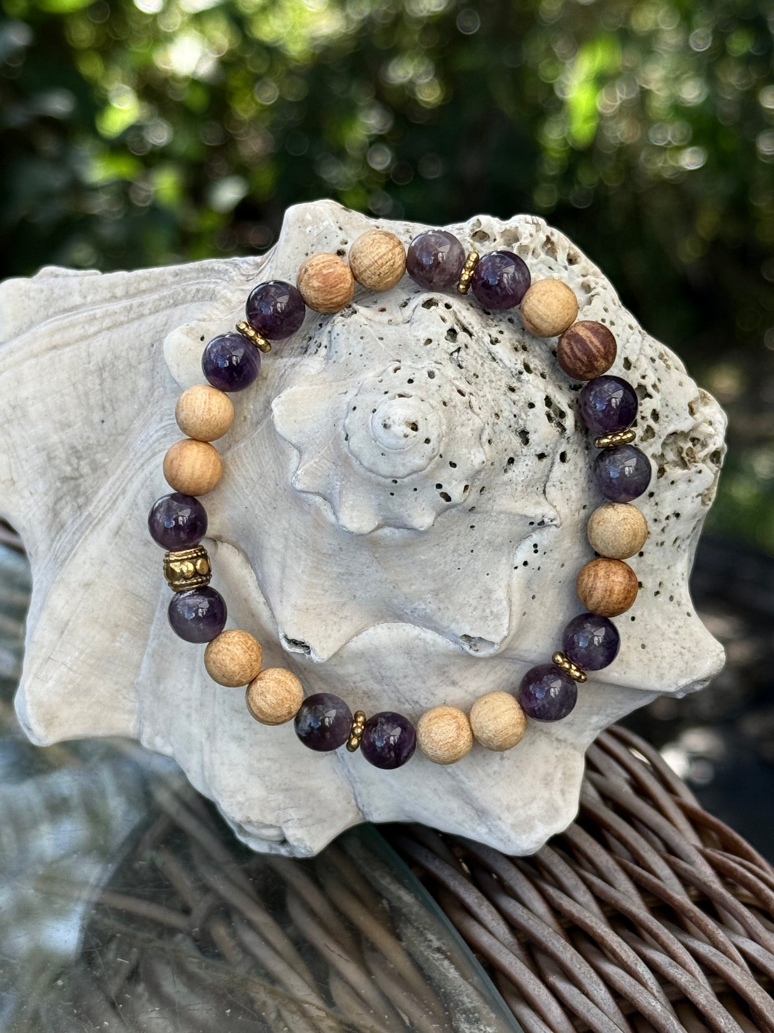 Amethyst and Palo Santo 8mm Stretchy Bracelet w/gold plated spacer beads