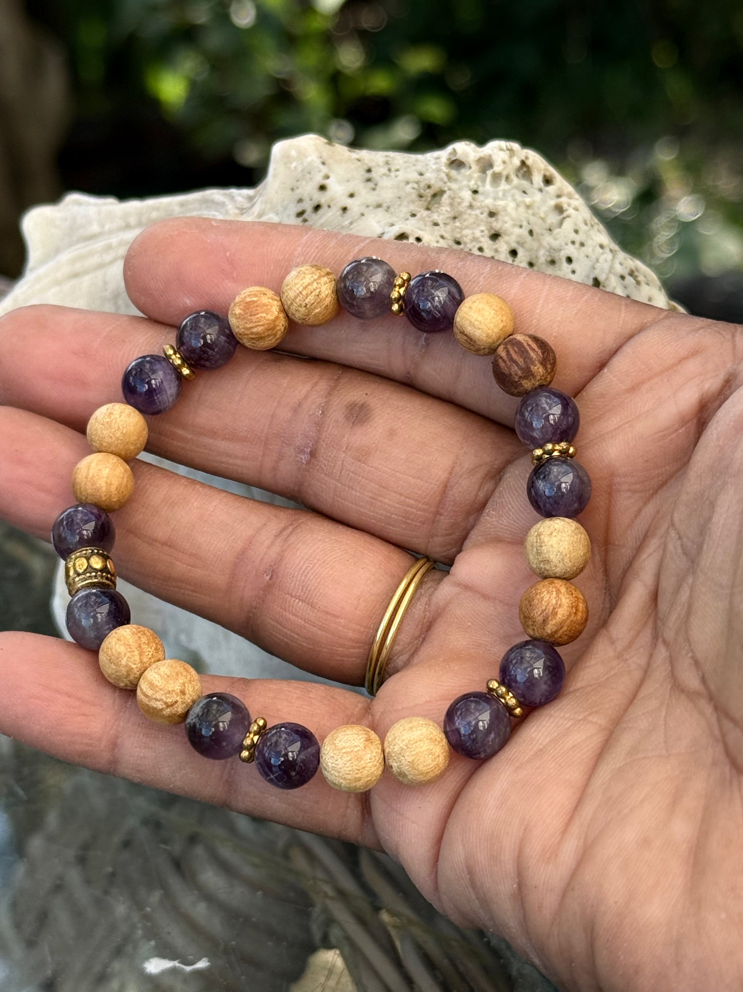Amethyst and Palo Santo 8mm Stretchy Bracelet w/gold plated spacer beads