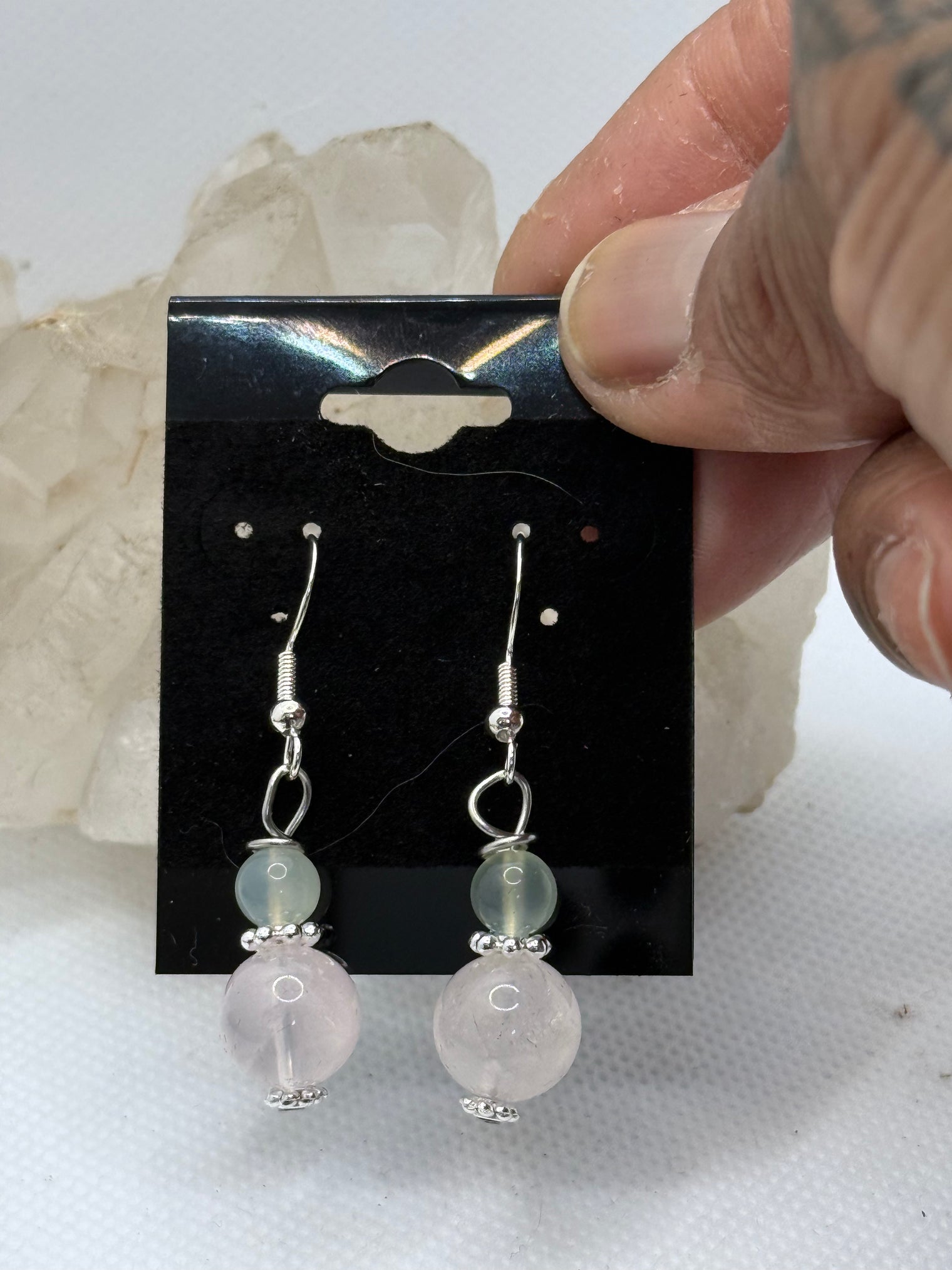 Rose Quartz and New Jade Sterling Silver Plated Hooks Earrings