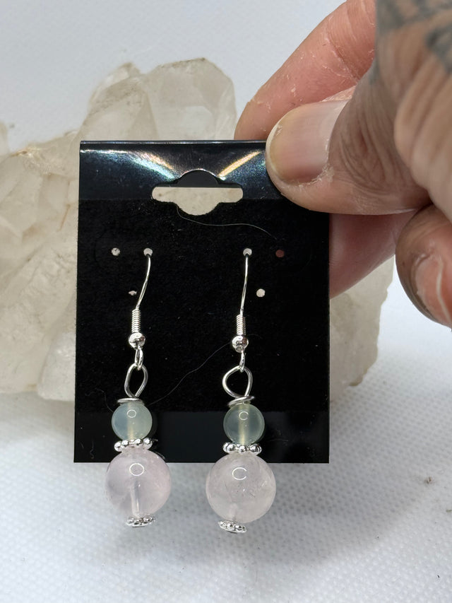 Rose Quartz and New Jade Sterling Silver Plated Hooks Earrings