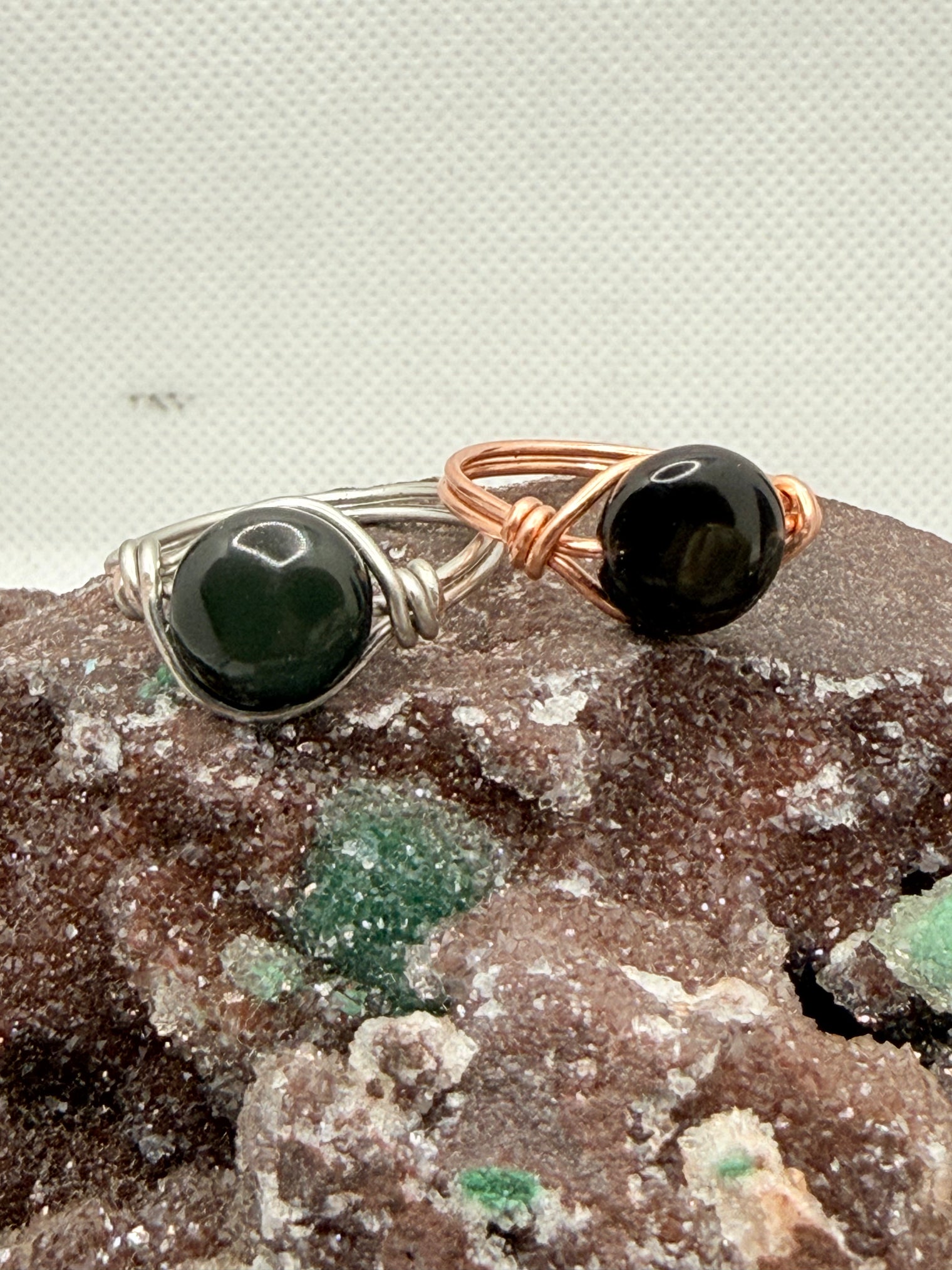 rainbow sheen obsidian copper and tin plated copper wire wrapped rings