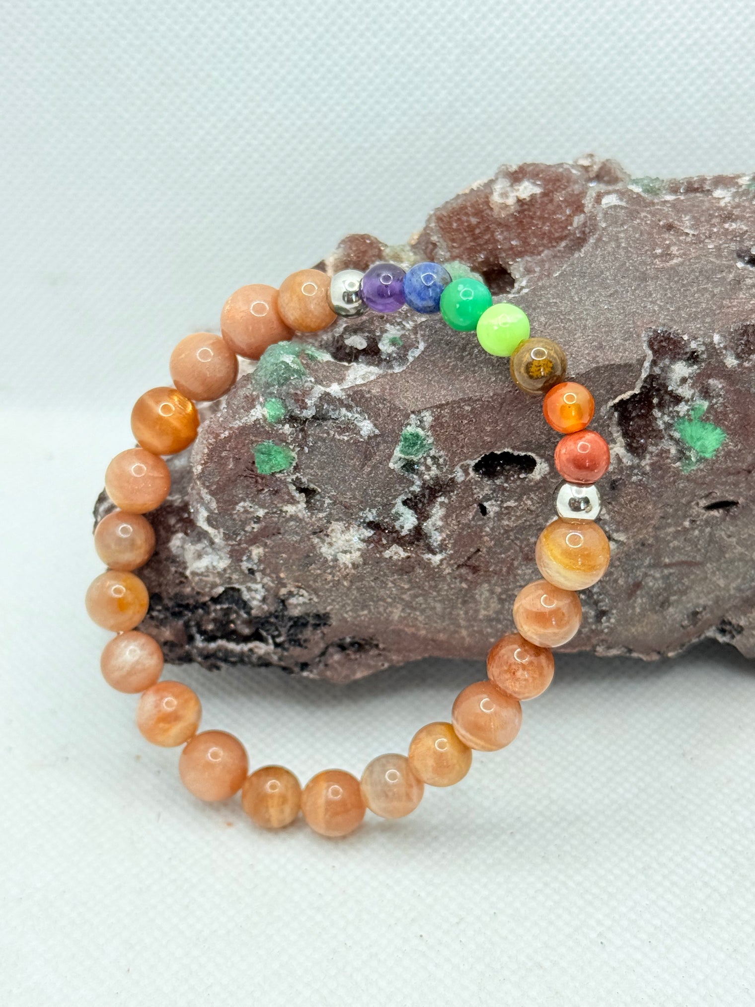 Peach Moonstone with Chakra Beads Stretchy Bracelet