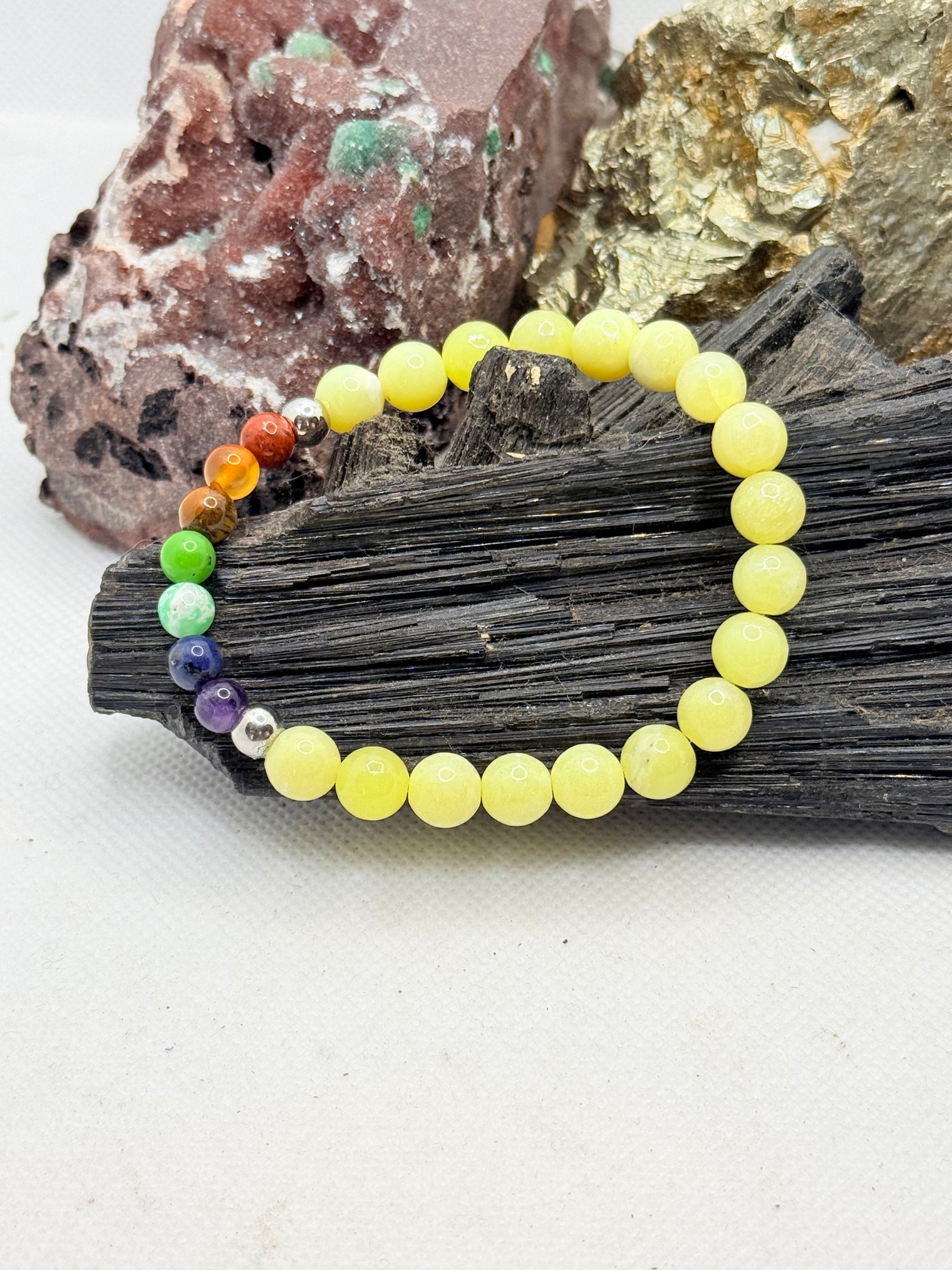 Yellow Serpentine with Chakra Beads Stretchy Bracelet