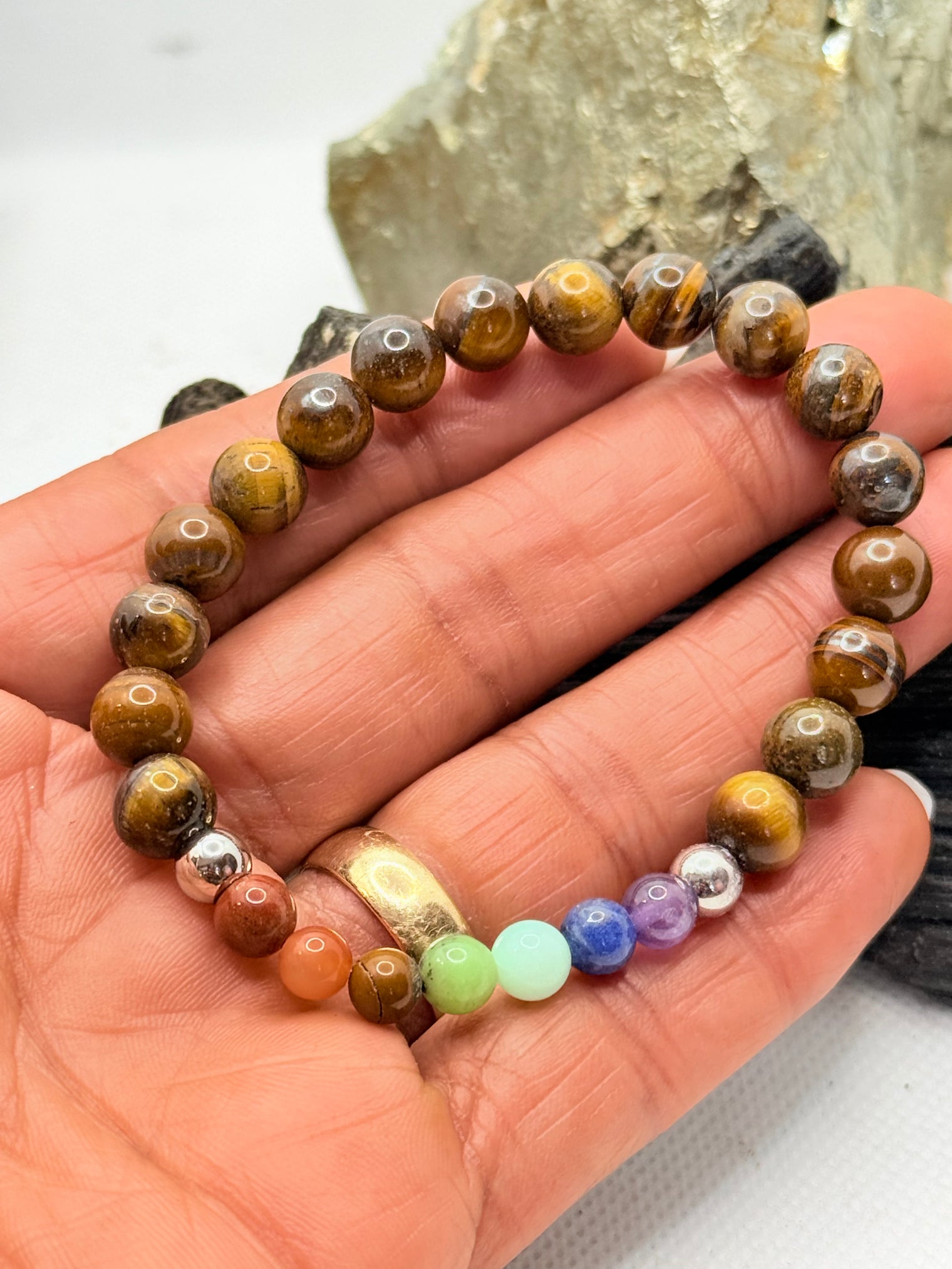Tigers Eye with Chakra Beads Stretchy Bracelet