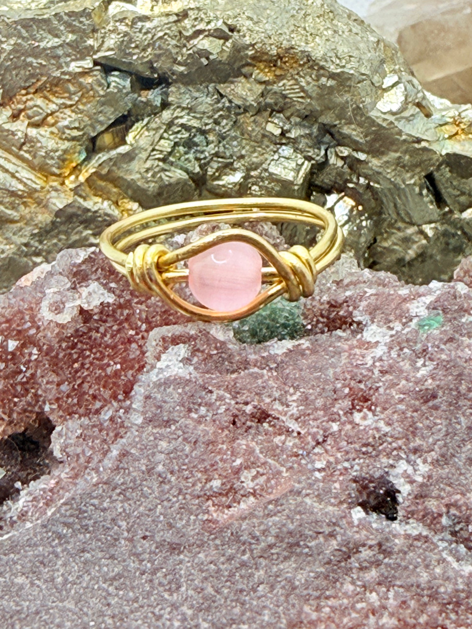 Pink Cat’s Eye Brass Bead Ring