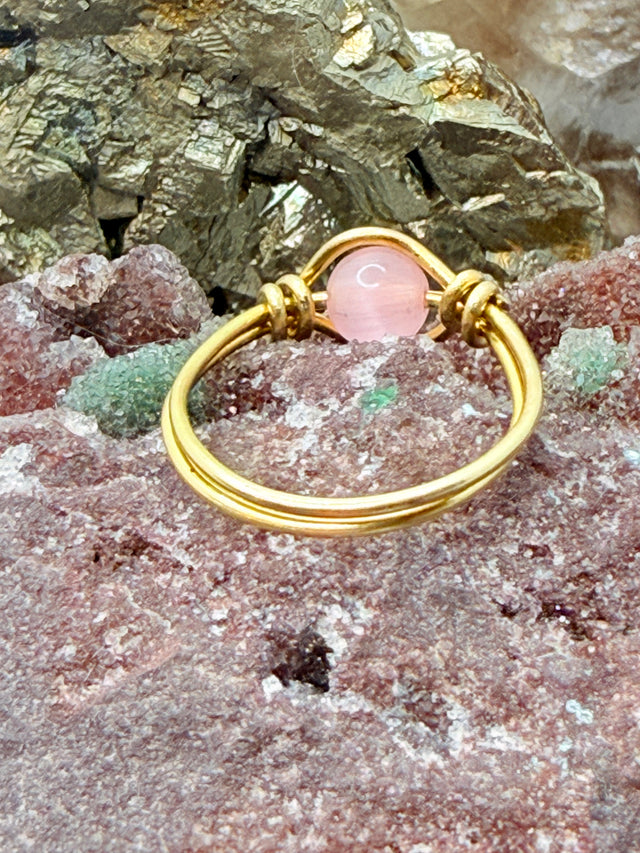 Pink Cat’s Eye Brass Bead Ring