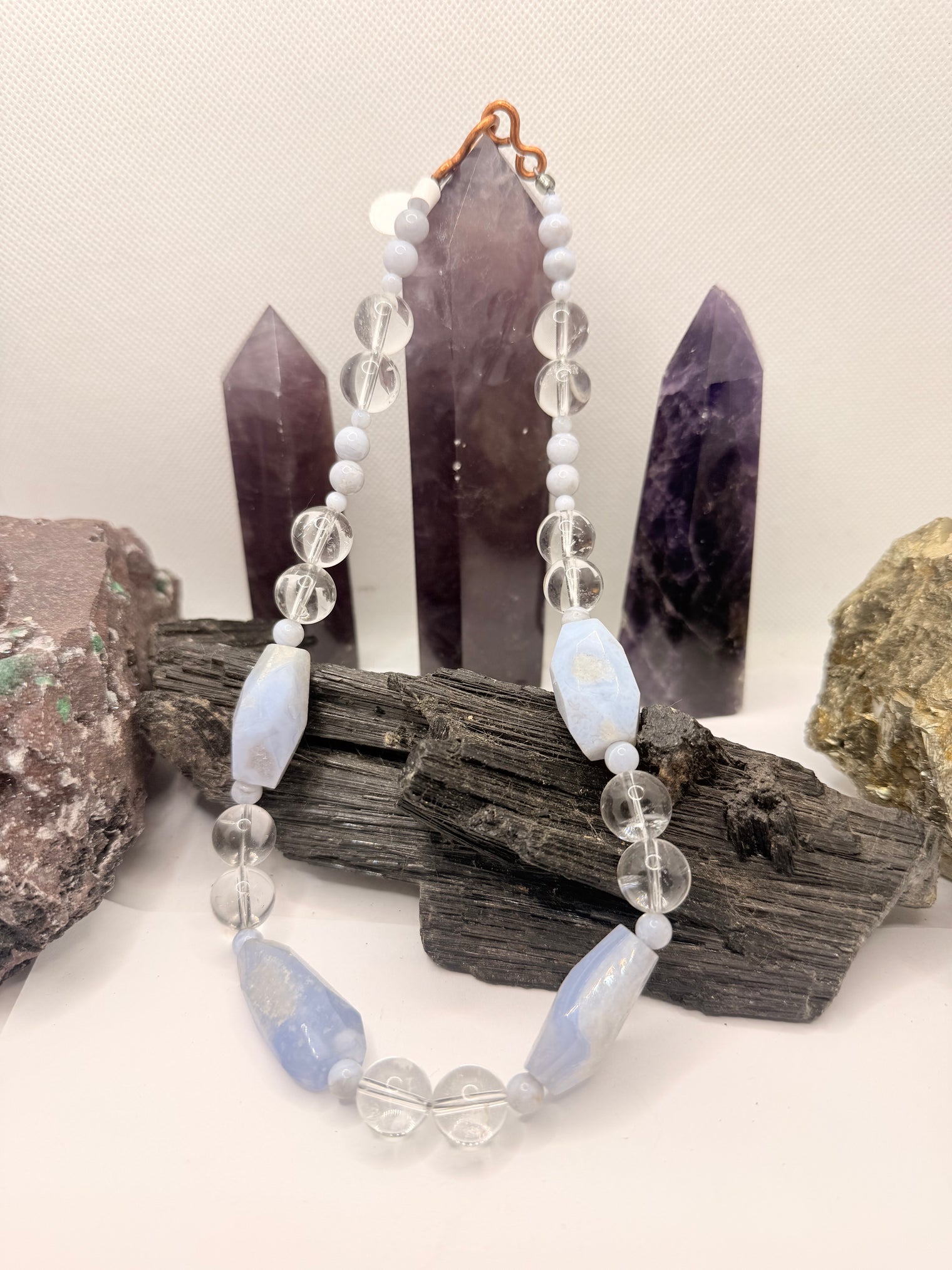 Blue Lace Agate with Clear Quartz Necklace 18 inch