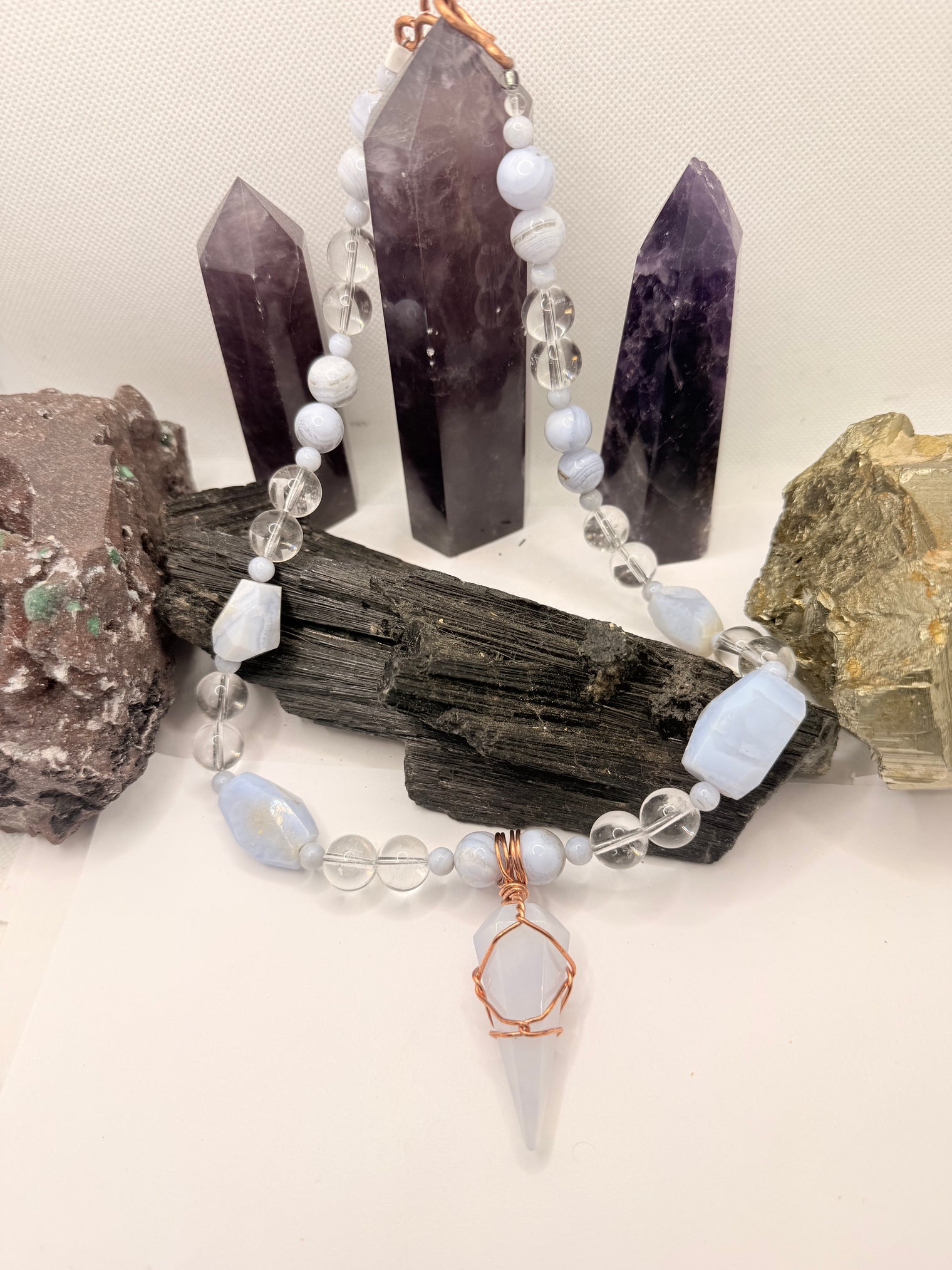Blue Lace Agate with Clear Quartz Necklace and Blue Calchedony Pendant 22 Inches