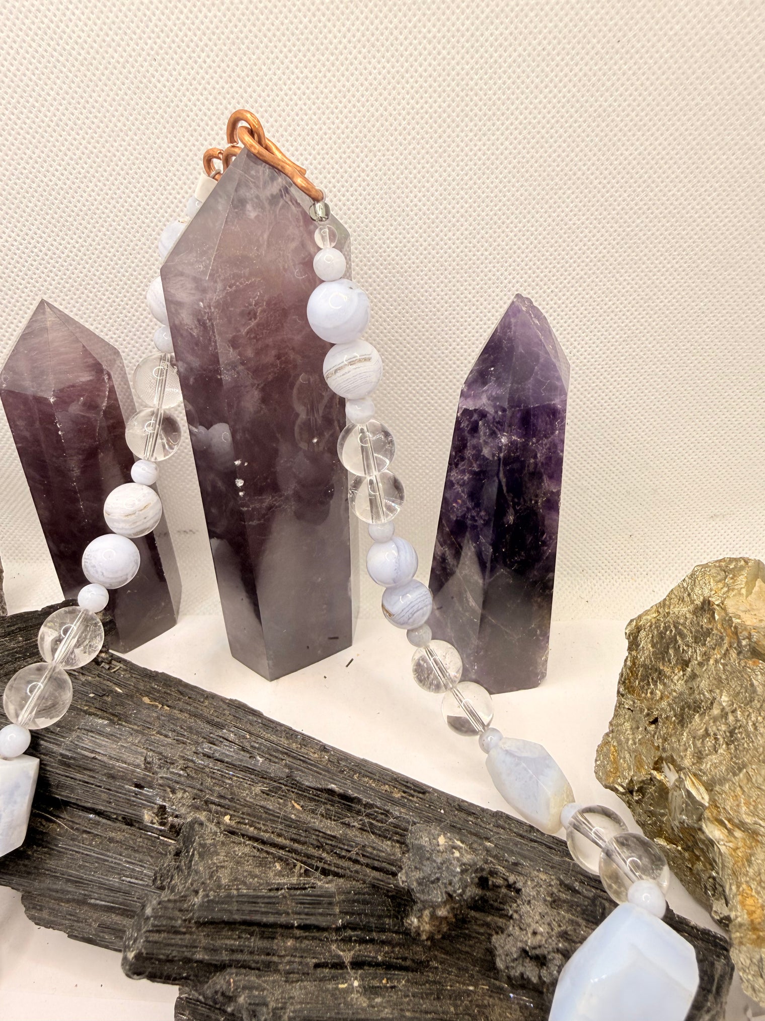 Blue Lace Agate with Clear Quartz Necklace and Blue Calchedony Pendant 22 Inches