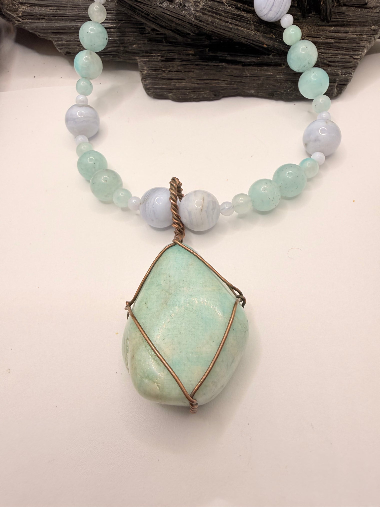 Blue Lace Agate with Amazonite Necklace and Amazonite Copper Wirewrapped Pendant 22 Inches
