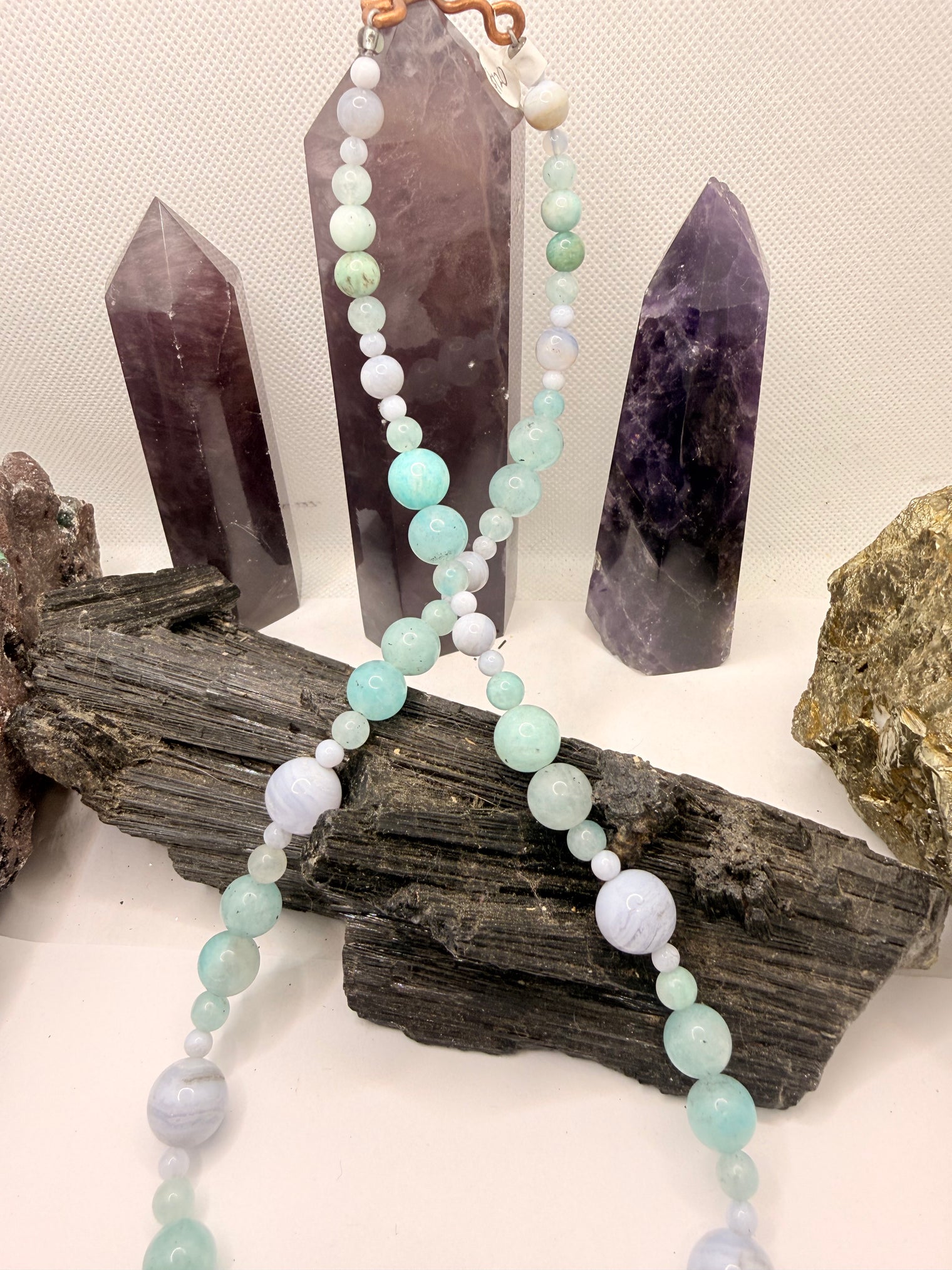 Blue Lace Agate with Amazonite Necklace and Amazonite Copper Wirewrapped Pendant 22 Inches