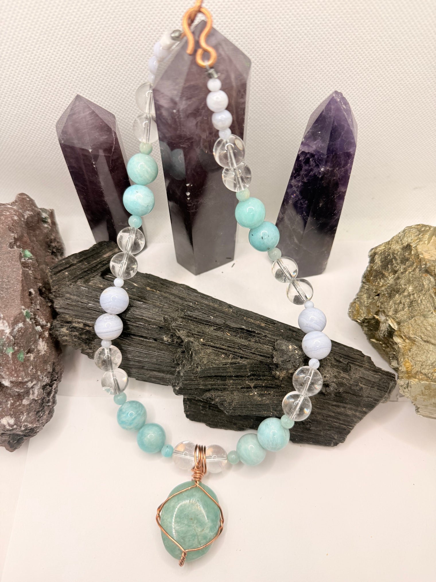 Blue Lace Agate , Clear Quartz with Amazonite Necklace and Amazonite Copper Wirewrapped Pendant 18 Inches