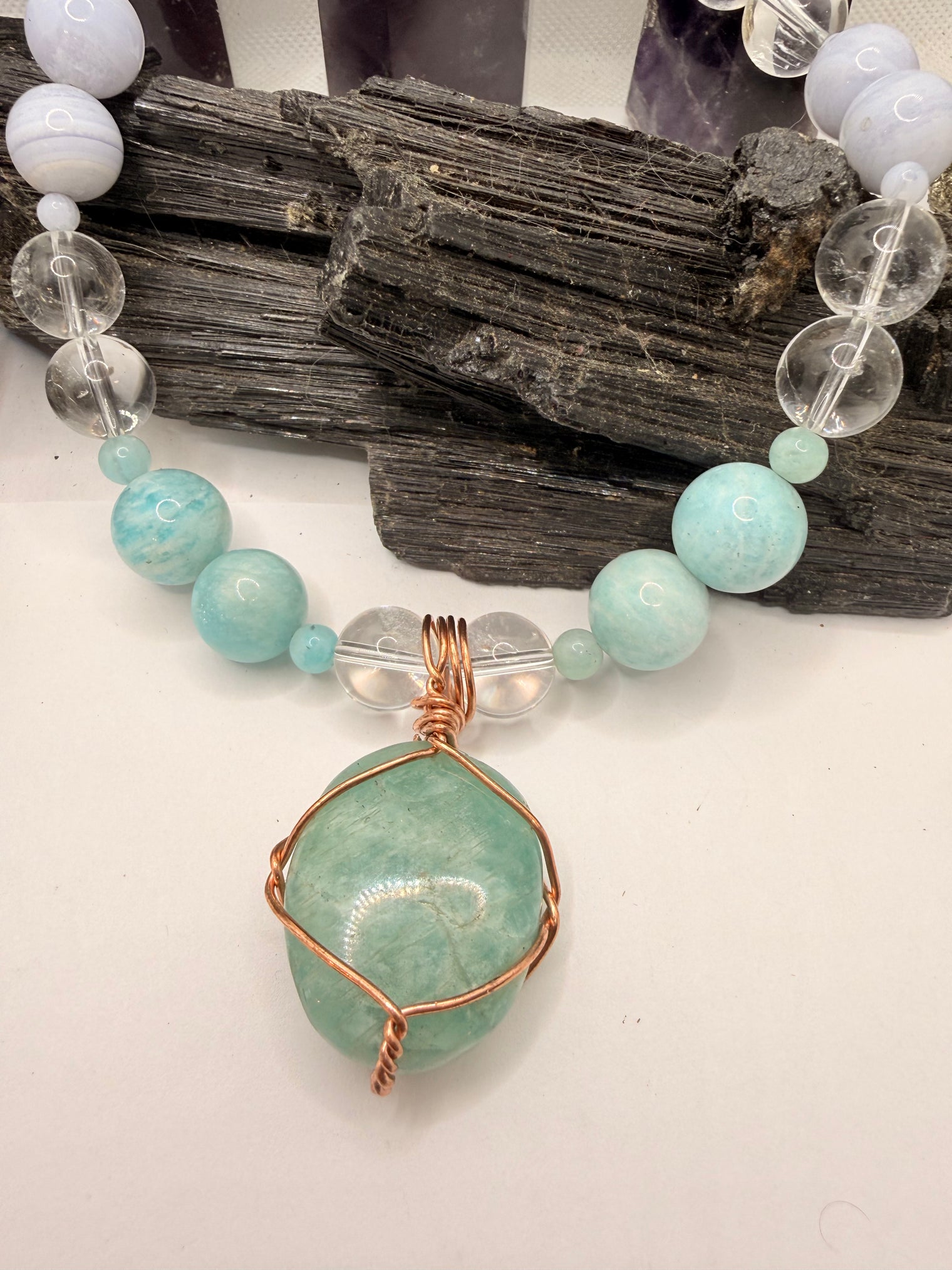 Blue Lace Agate , Clear Quartz with Amazonite Necklace and Amazonite Copper Wirewrapped Pendant 18 Inches