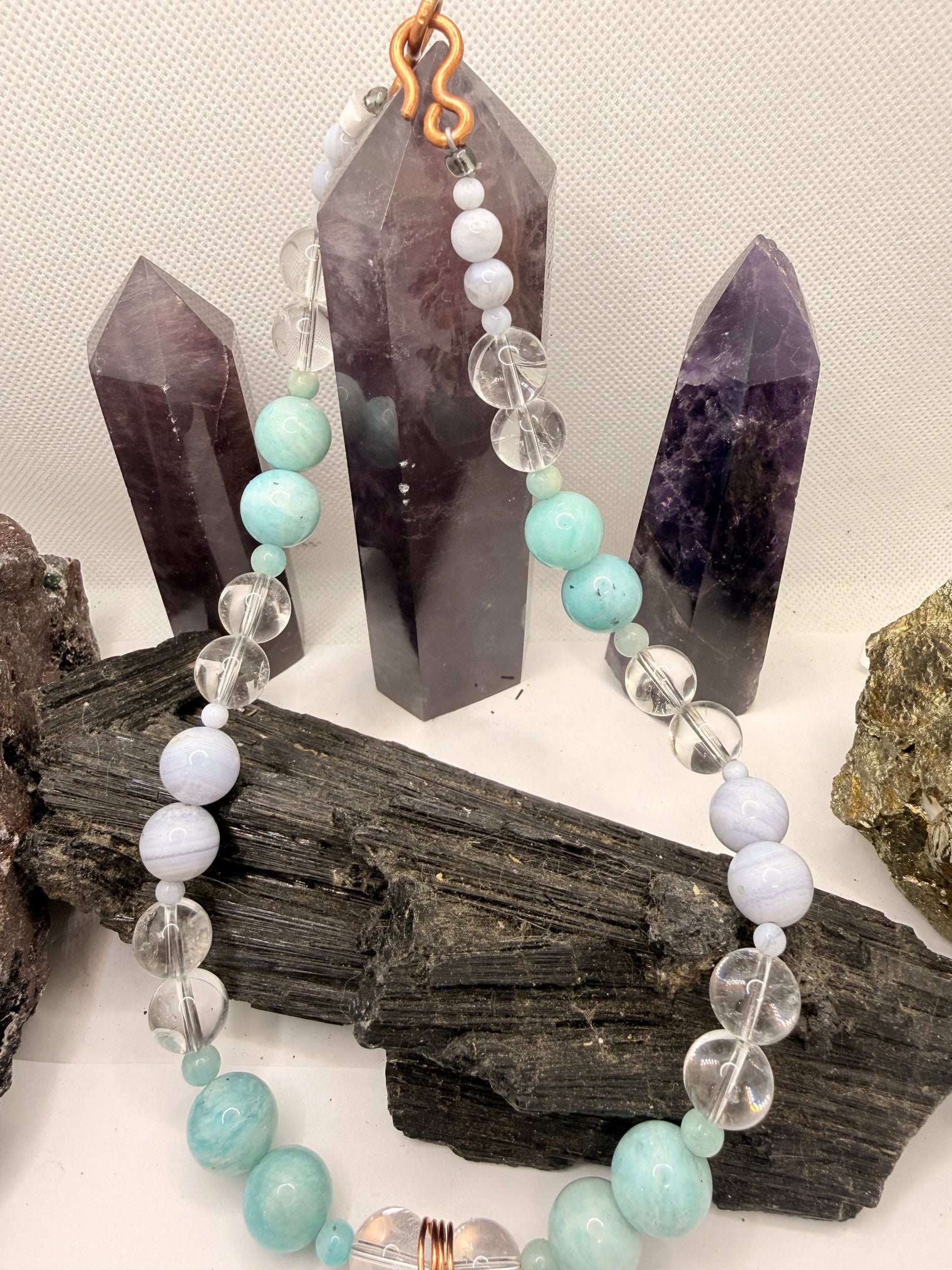 Blue Lace Agate , Clear Quartz with Amazonite Necklace and Amazonite Copper Wirewrapped Pendant 18 Inches