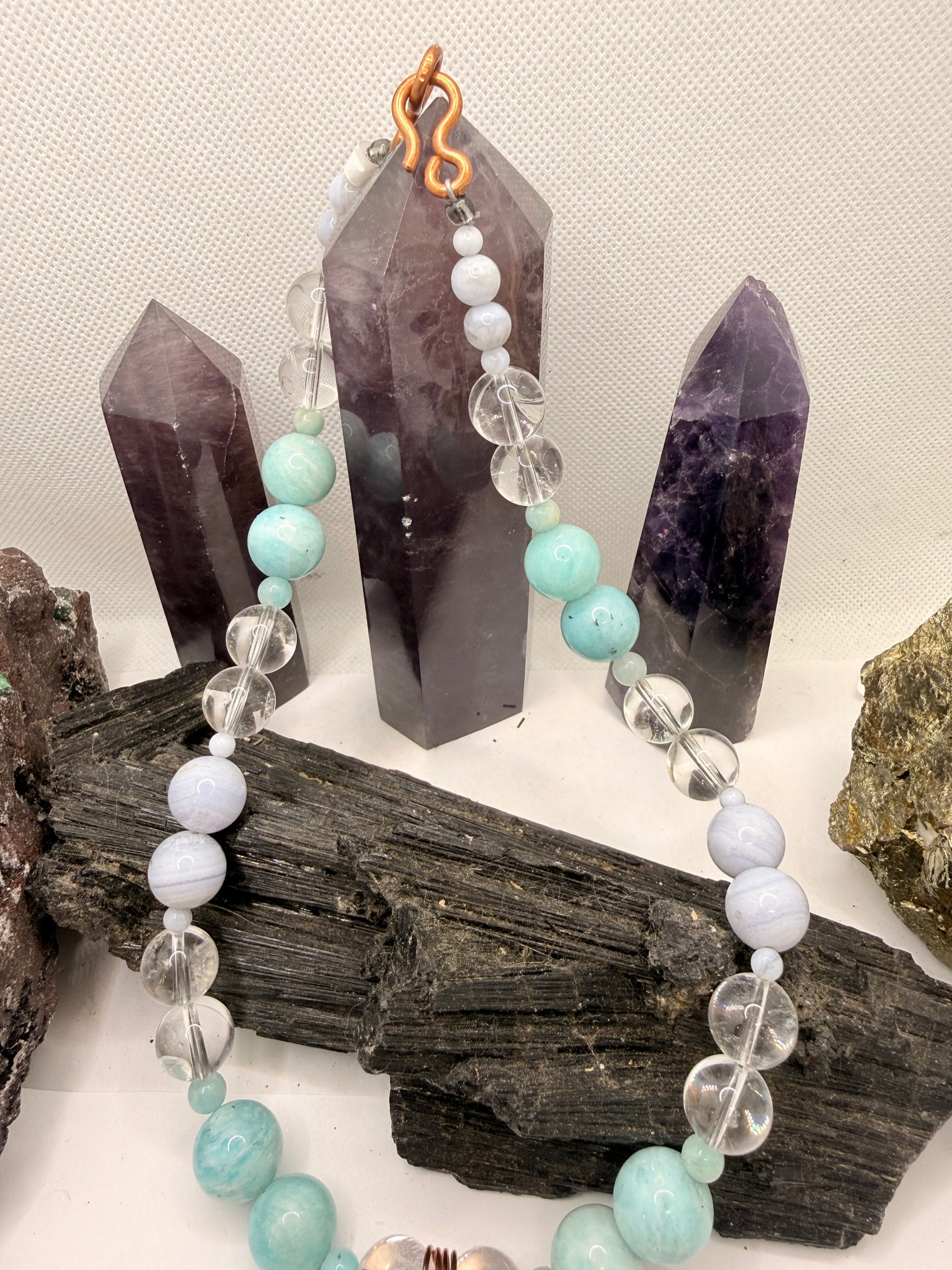 Blue Lace Agate , Clear Quartz with Amazonite Necklace and Amazonite Copper Wirewrapped Pendant 18 Inches
