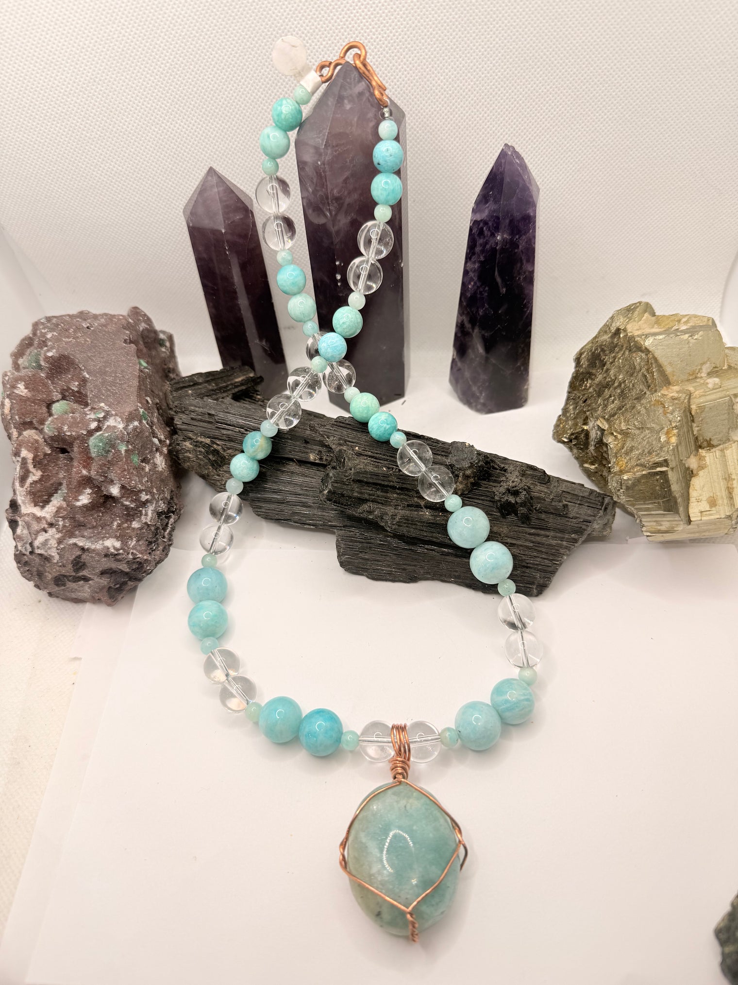 Amazonite with Clear Quartz Necklace and Amazonite Copper Wirewrapped Pendant 22 Inches