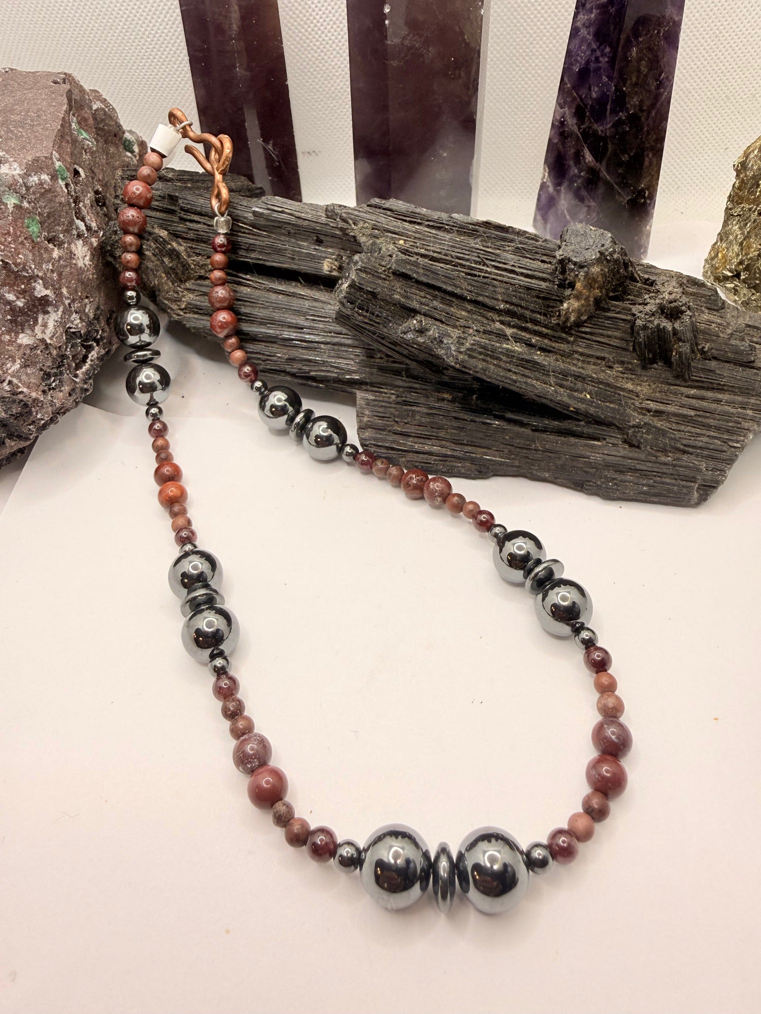 Hematite and Red Jasper Beaded Necklace 16 inches