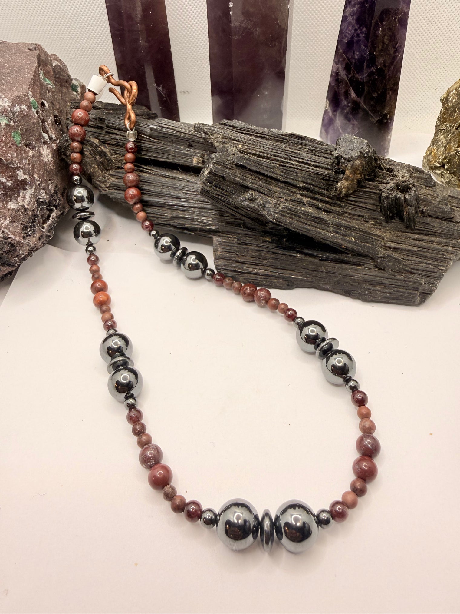 Hematite and Red Jasper Beaded Necklace 16 inches