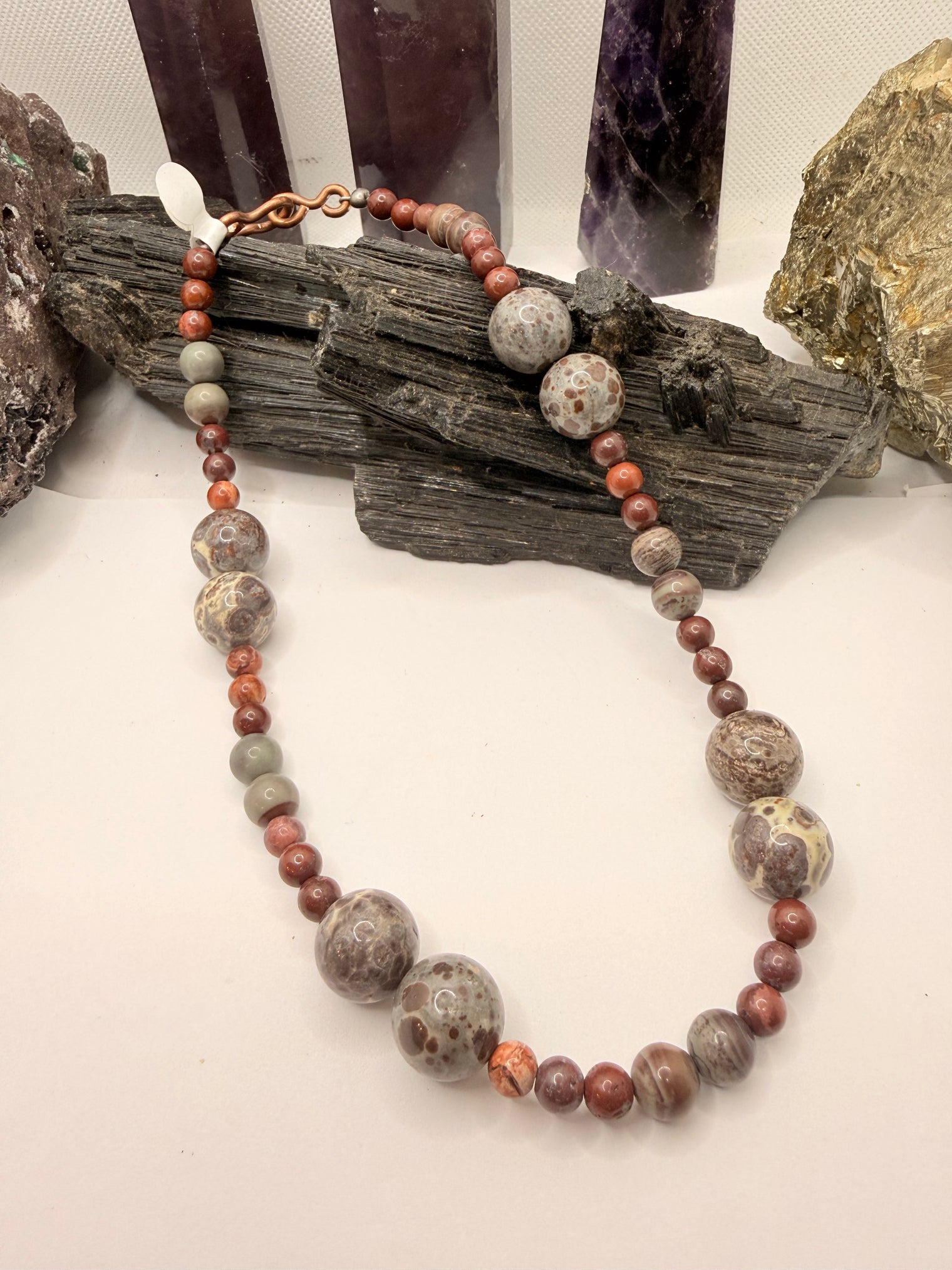 Red Jasper and Orbicular Jasper Beaded Necklace 16 inches