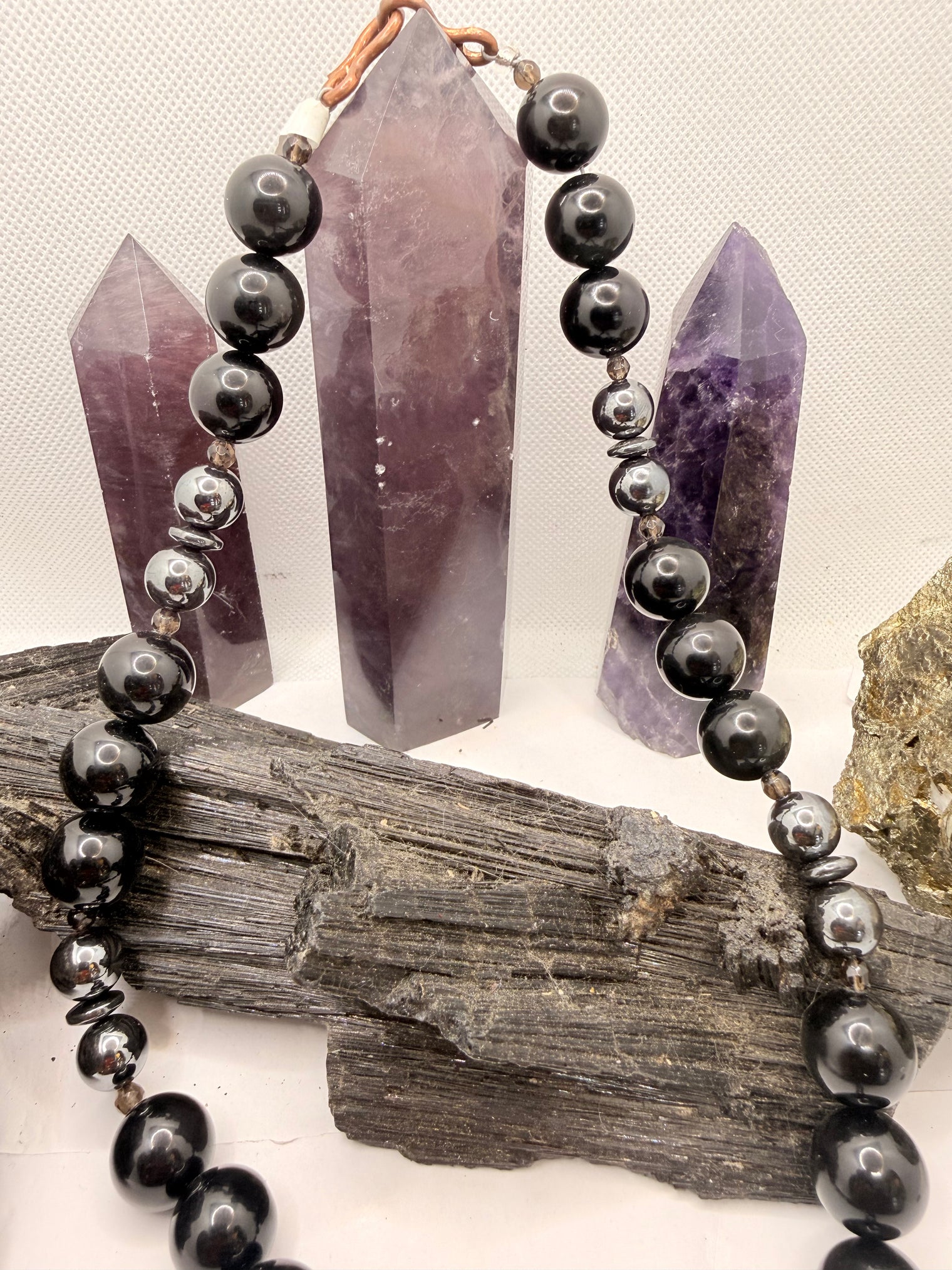 Black Obsidian and Hematite with Smoky Quartz Beaded Necklace with Black Obsidian Metatron Cube Sacred Geometry Pendant ~22 inches