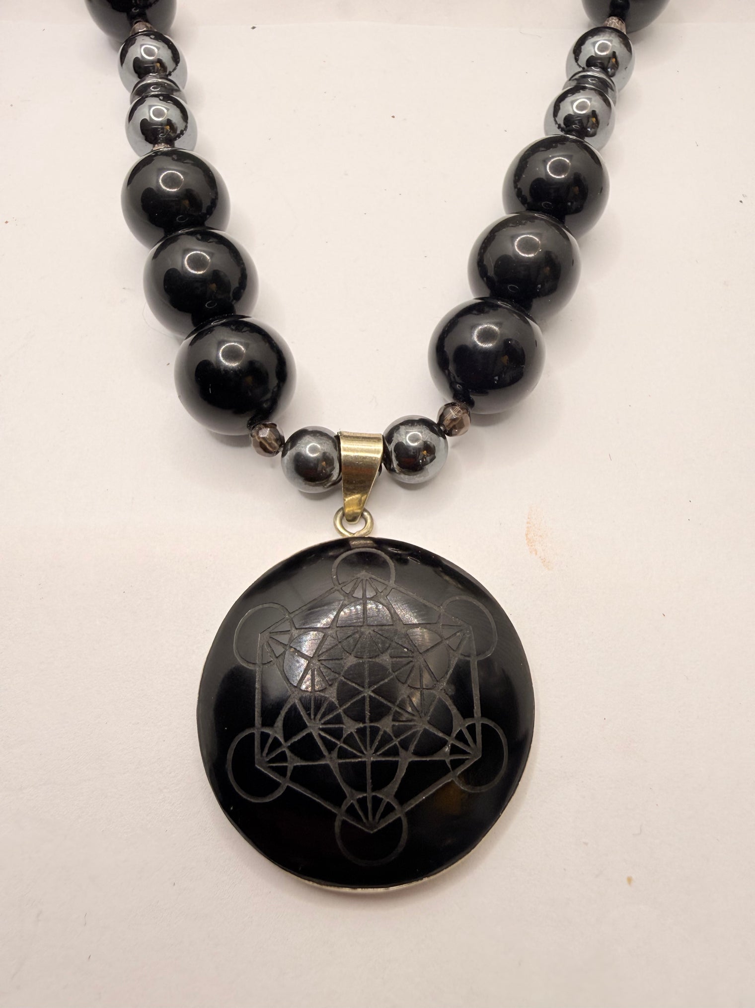 Black Obsidian and Hematite with Smoky Quartz Beaded Necklace with Black Obsidian Metatron Cube Sacred Geometry Pendant ~22 inches