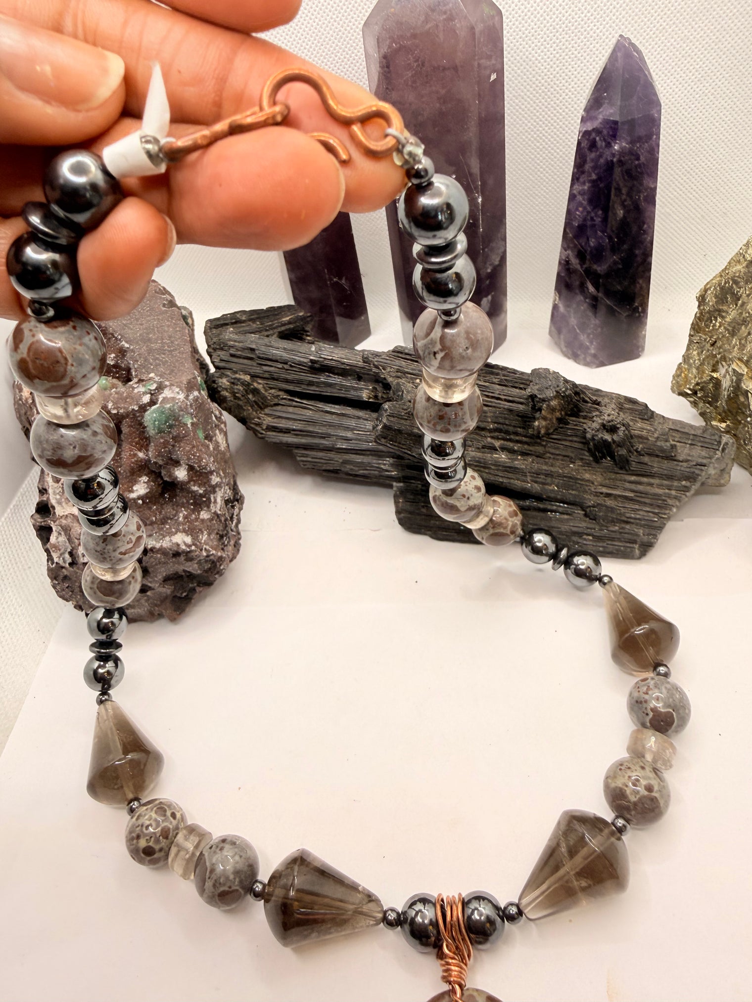 Hematite and Orbicular Jasper Beaded Necklace with Smoky Quartz and Orbicular Jasper Pendant ~22 inches