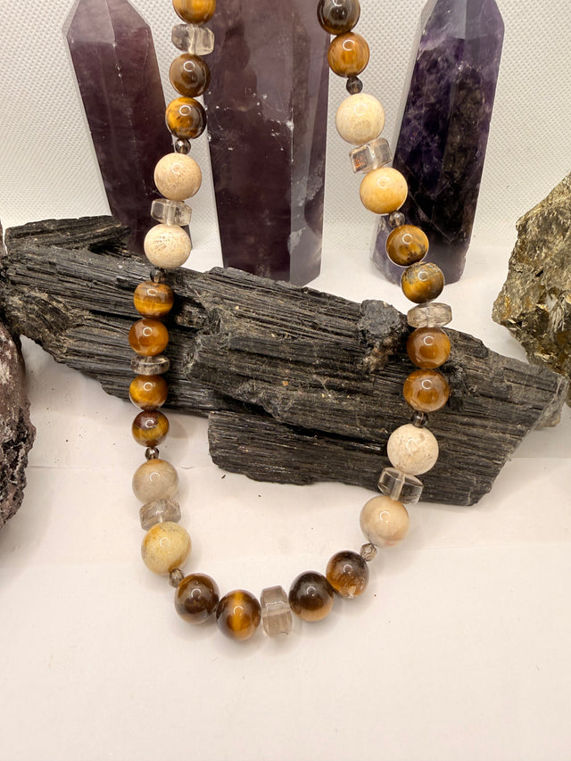Tiger Eye and Fossil Coral Necklace with Smoky Quartz~18 Inches