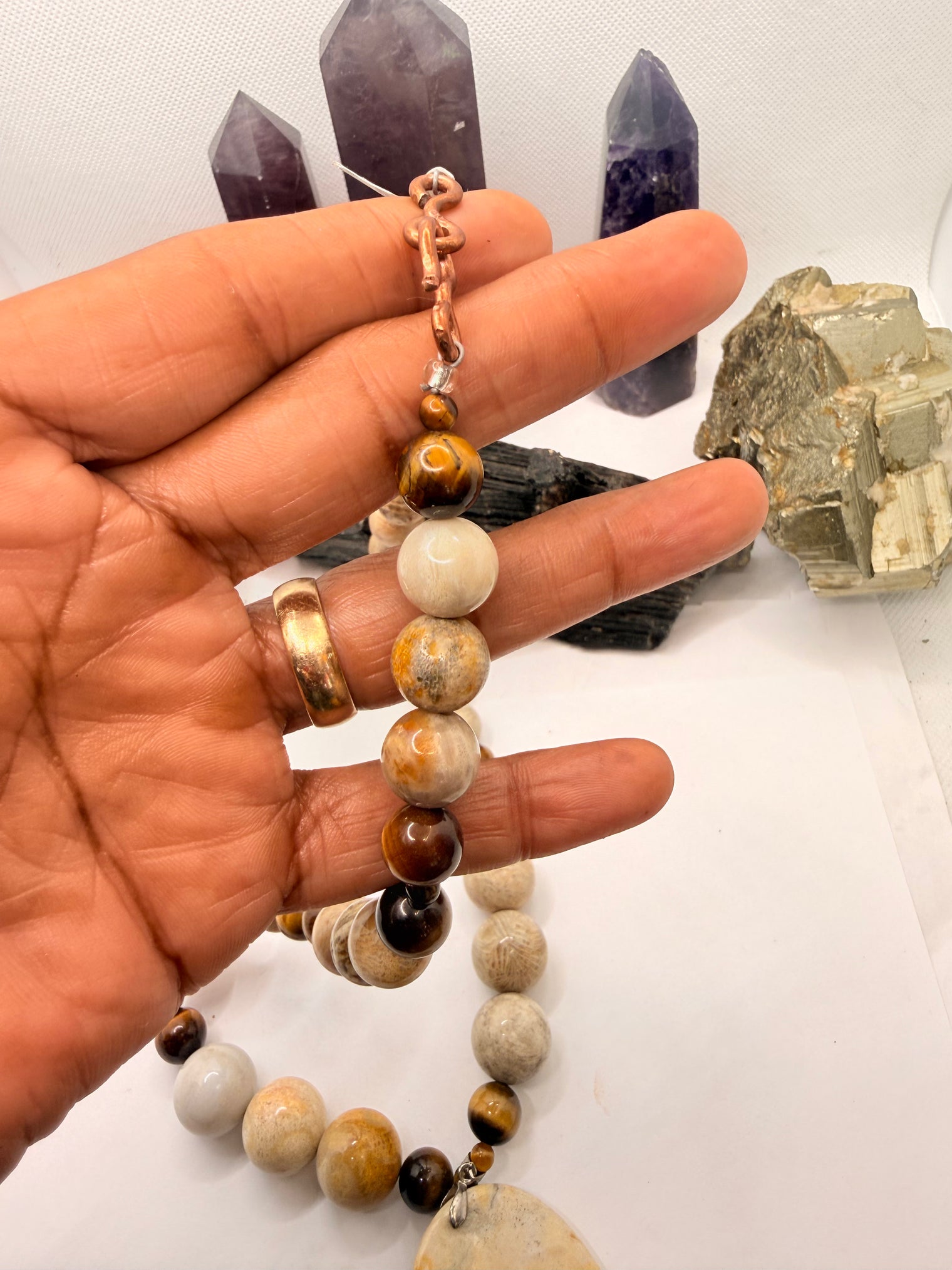 Tiger Eye and Fossil Coral Necklace and Fossil Coral Pendant ~ 20 Inches
