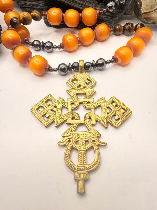 African Amber, Tiger Eye, Hematite and Garnet, Sunstone with Ethiopian Cross Pendant~ 30 inches