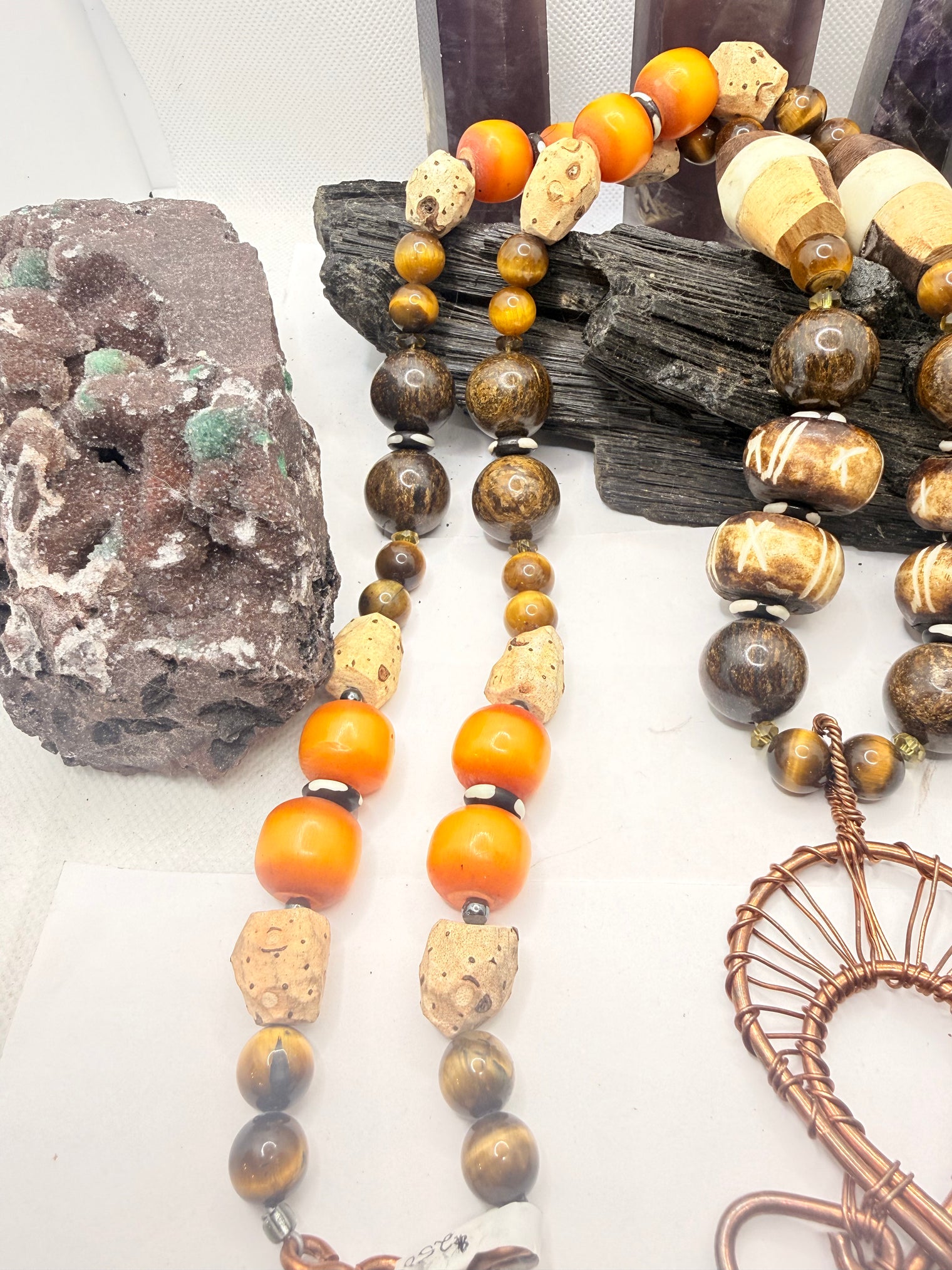 African Amber, Tiger Eye, African Grassroot, and Bronzite with Mexican Amber Copper Ankh Cross Pendant~ 32 inches