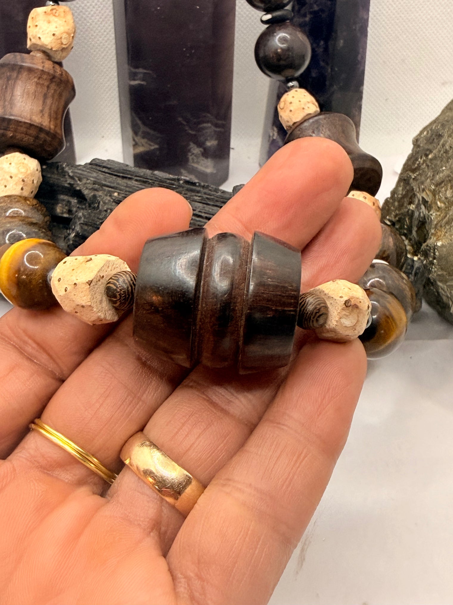 African Grassroot and Bronzite and Wood Beads Necklace
