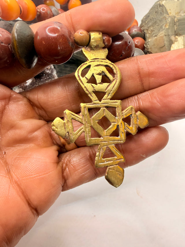 African Amber and Red Jasper with Ethiopian Cross Pendant~ 30 inches