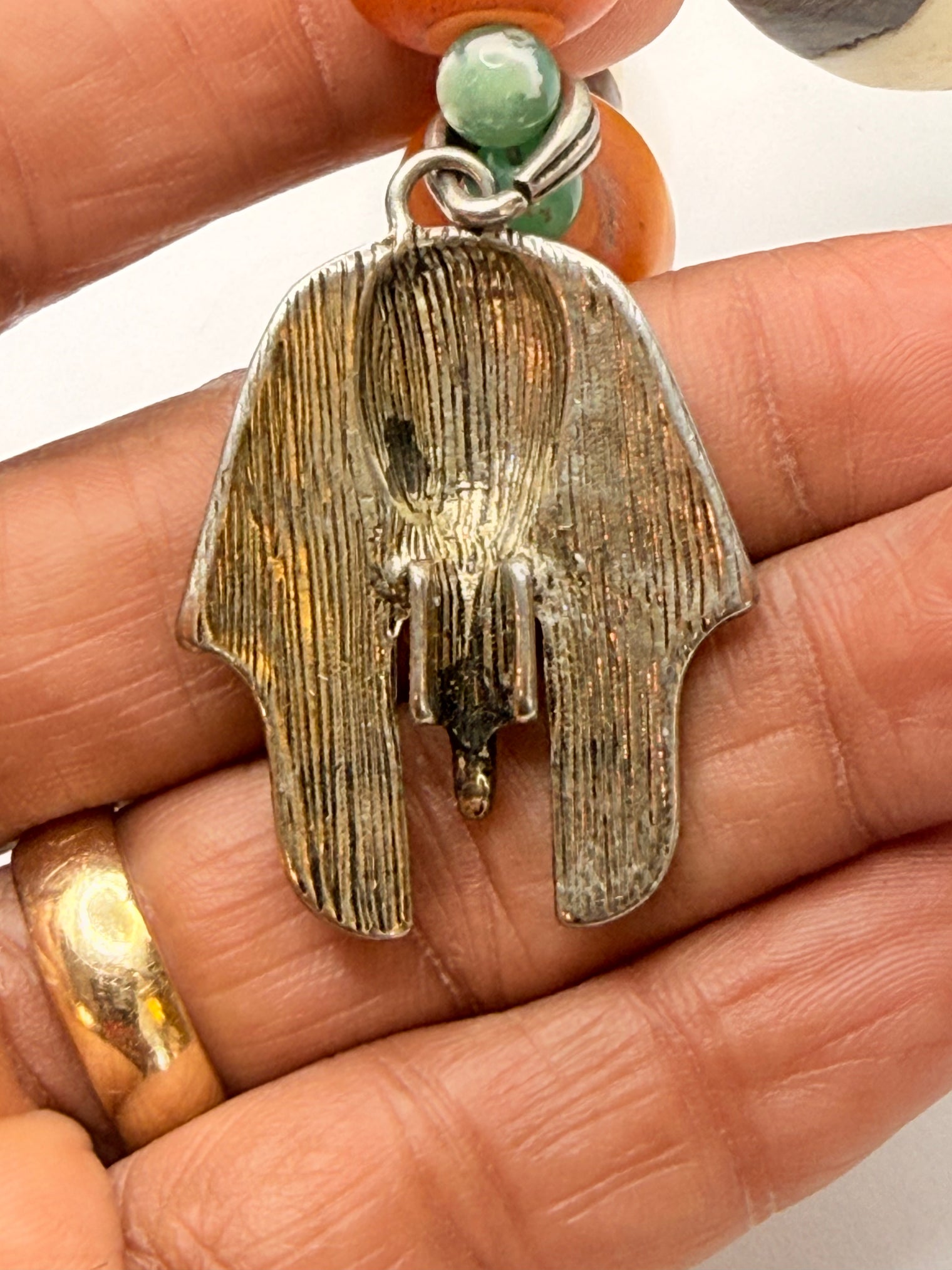African Amber and Chrysoprase with King Tut Pendant Necklace ~28 Inches