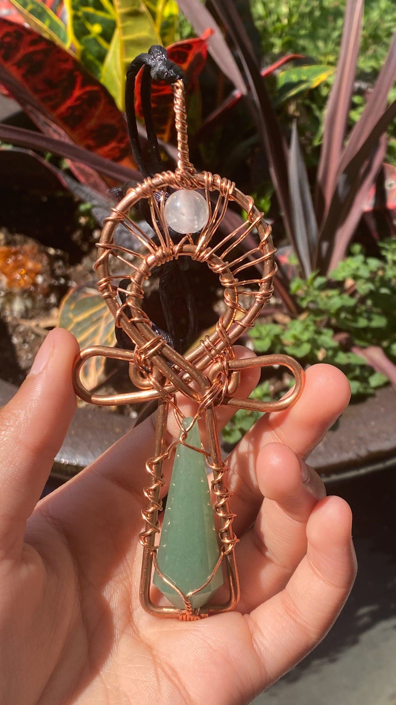 Green Aventurine Vogel and Rose Quartz Wirewrapped Copper Ankh Pendant