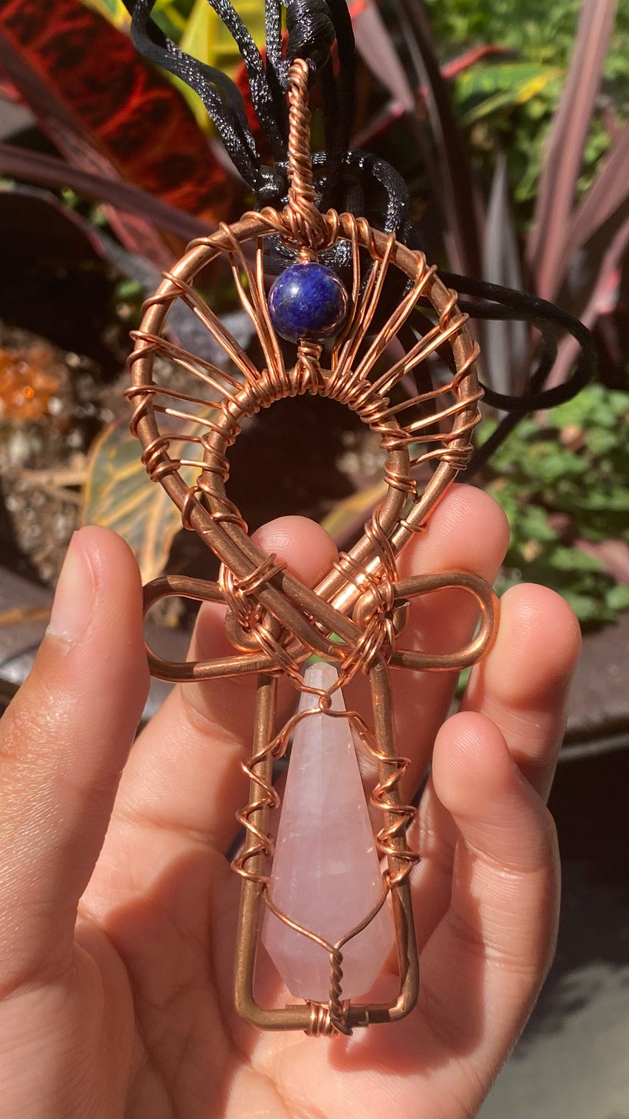 Rose Quartz Vogel and Lapis Lazuli Wirewrapped Copper Ankh Pendant