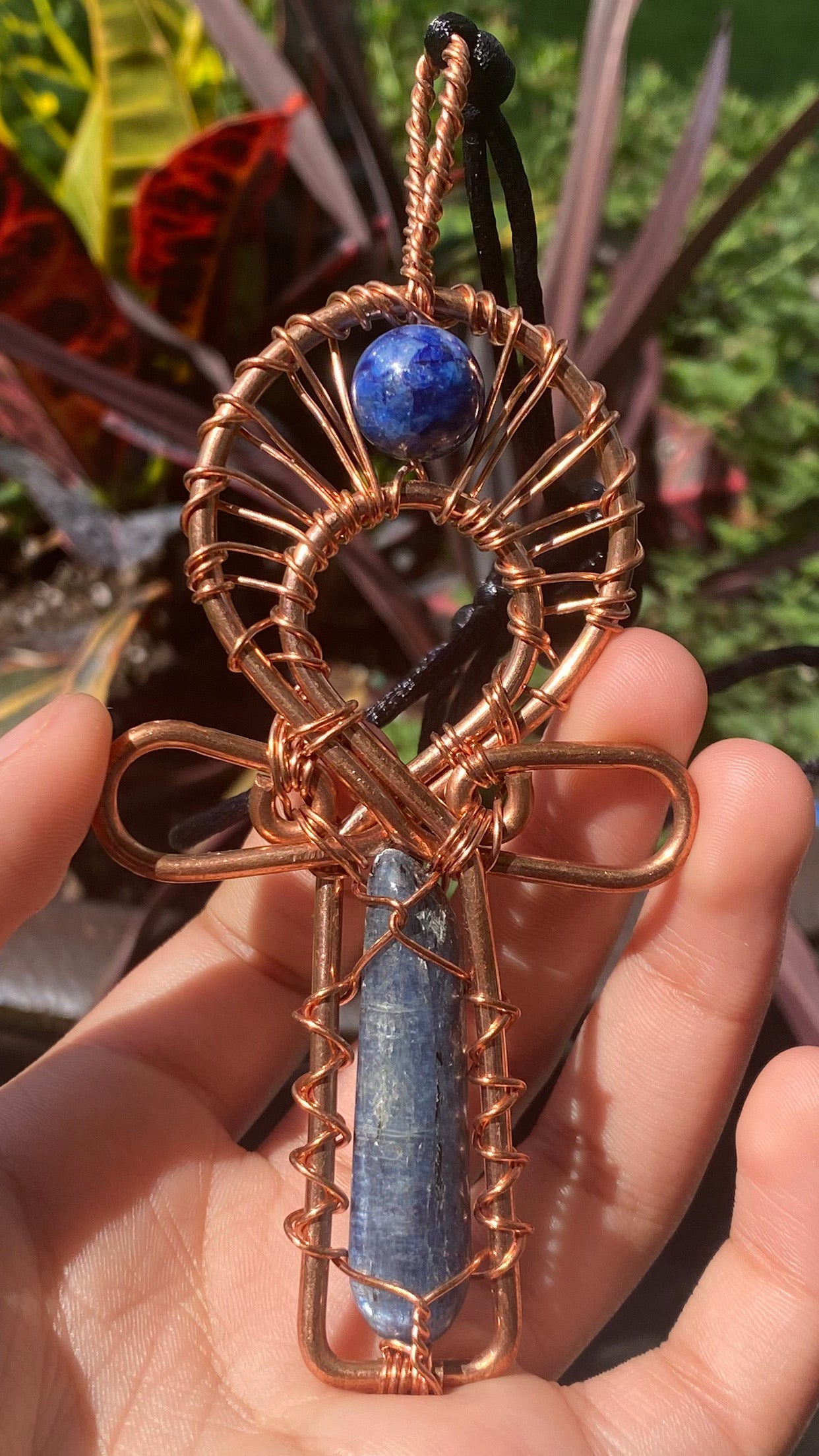 Blue Kyanite and Lapis Lazuli Copper Egyptian Kemetic Coptic Cross Ankh Wirewrapped Wearable Pendant Necklace