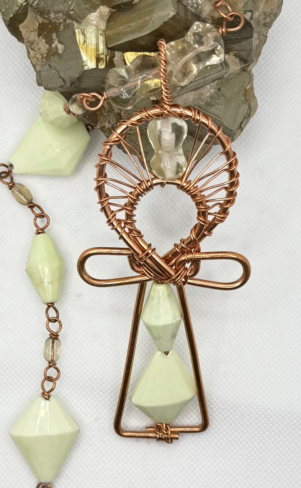 Chrysoprase Copper Ankh on Handmade Copper Link Necklace 30 inch