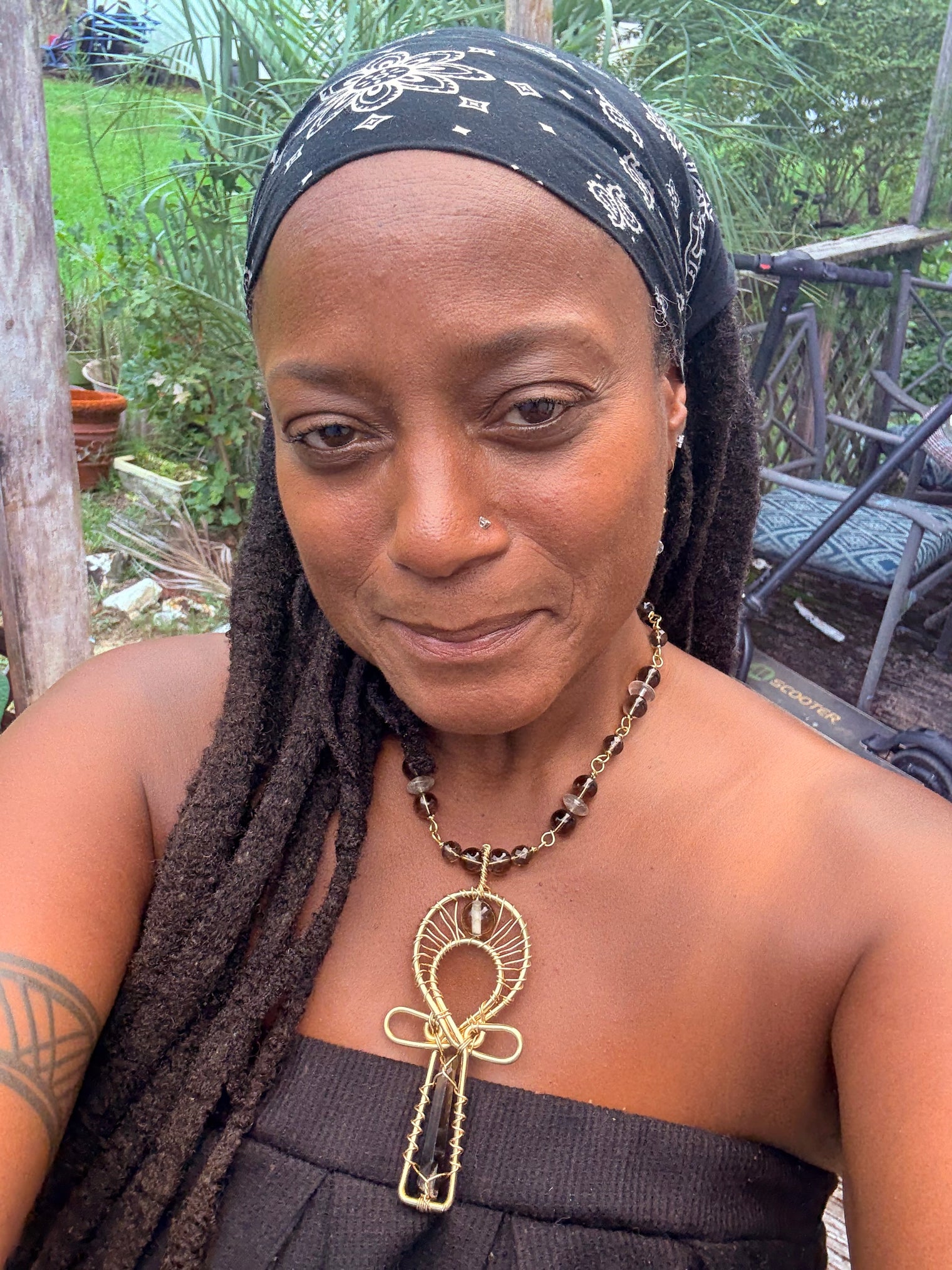 smoky quartz brass ankh necklace