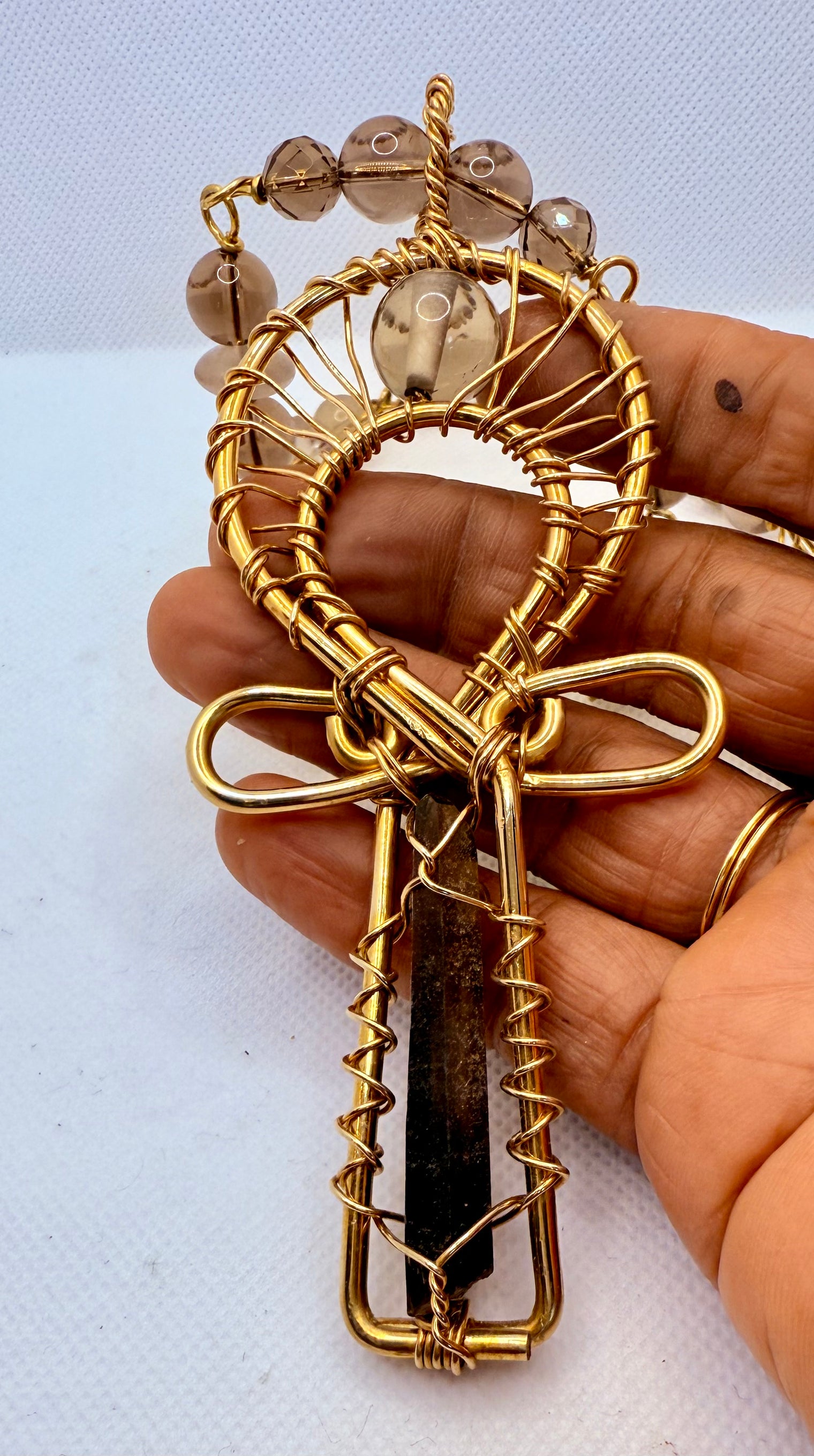 smoky quartz brass ankh necklace
