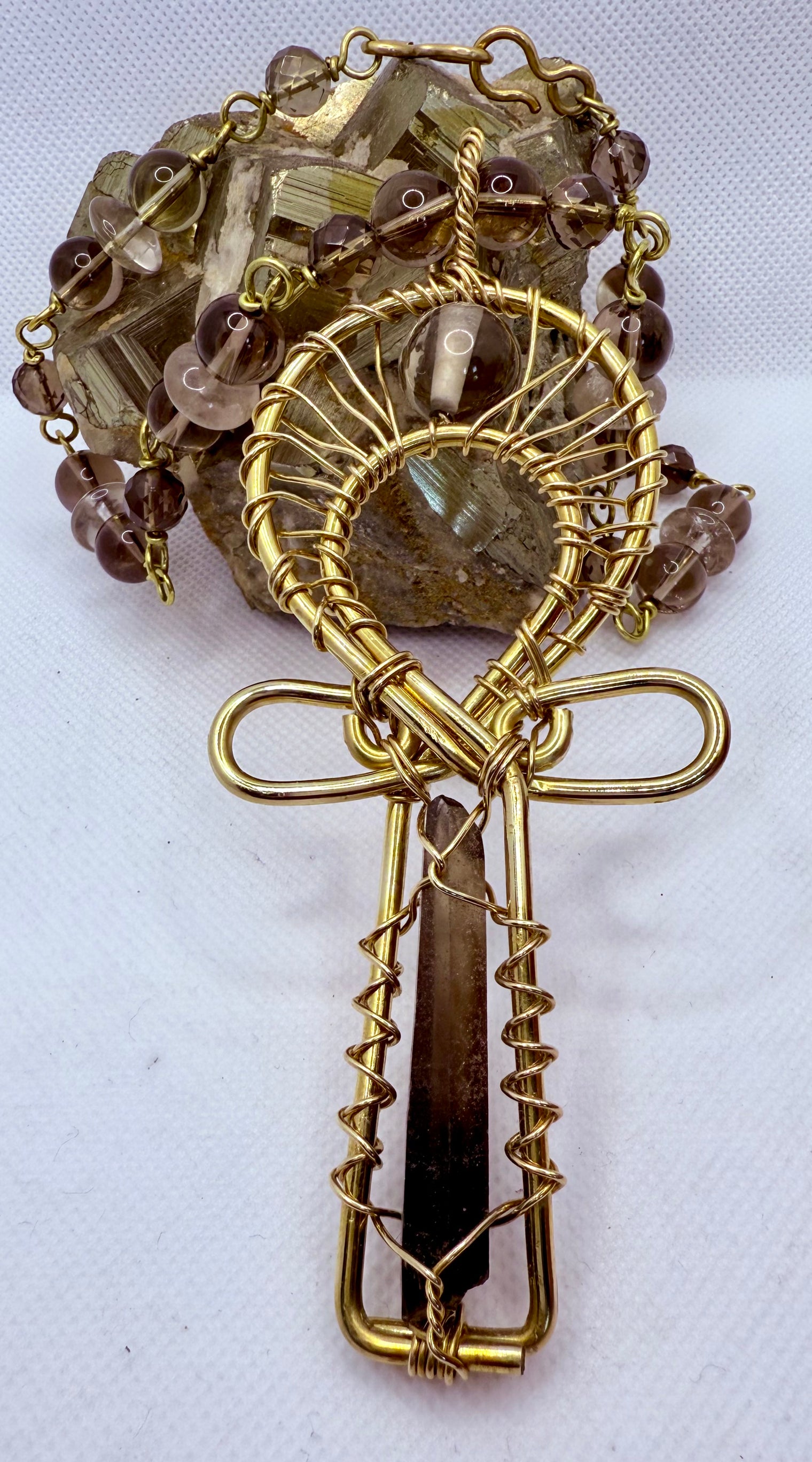 smoky quartz brass ankh necklace