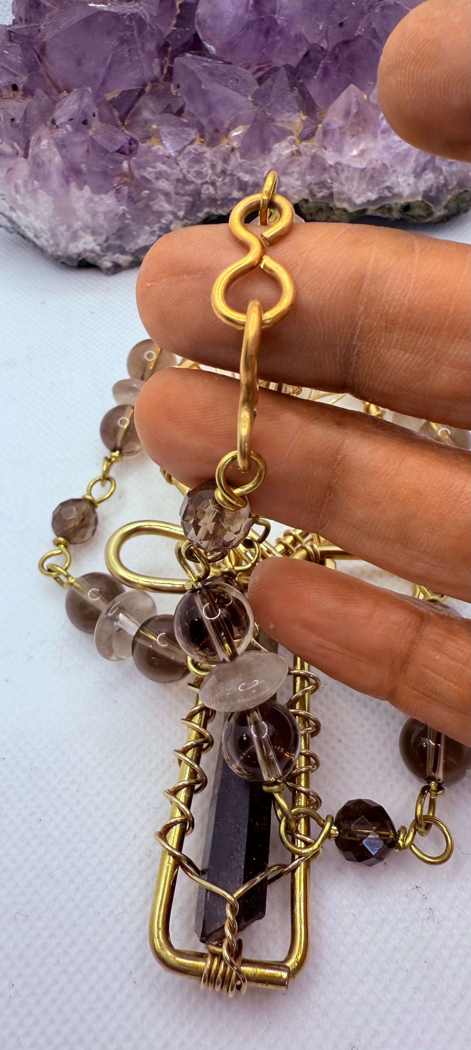 smoky quartz brass ankh necklace