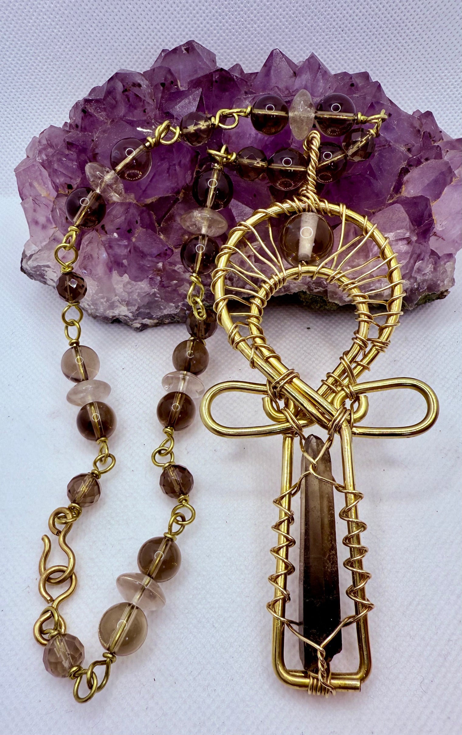 smoky quartz brass ankh necklace