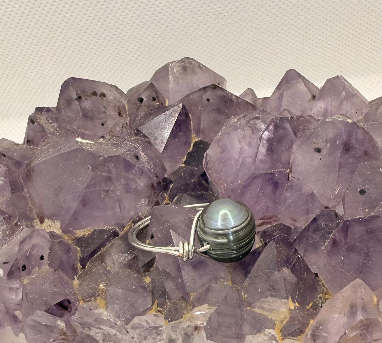 black freshwater pearl wirewrapped ring on tinned copper wire