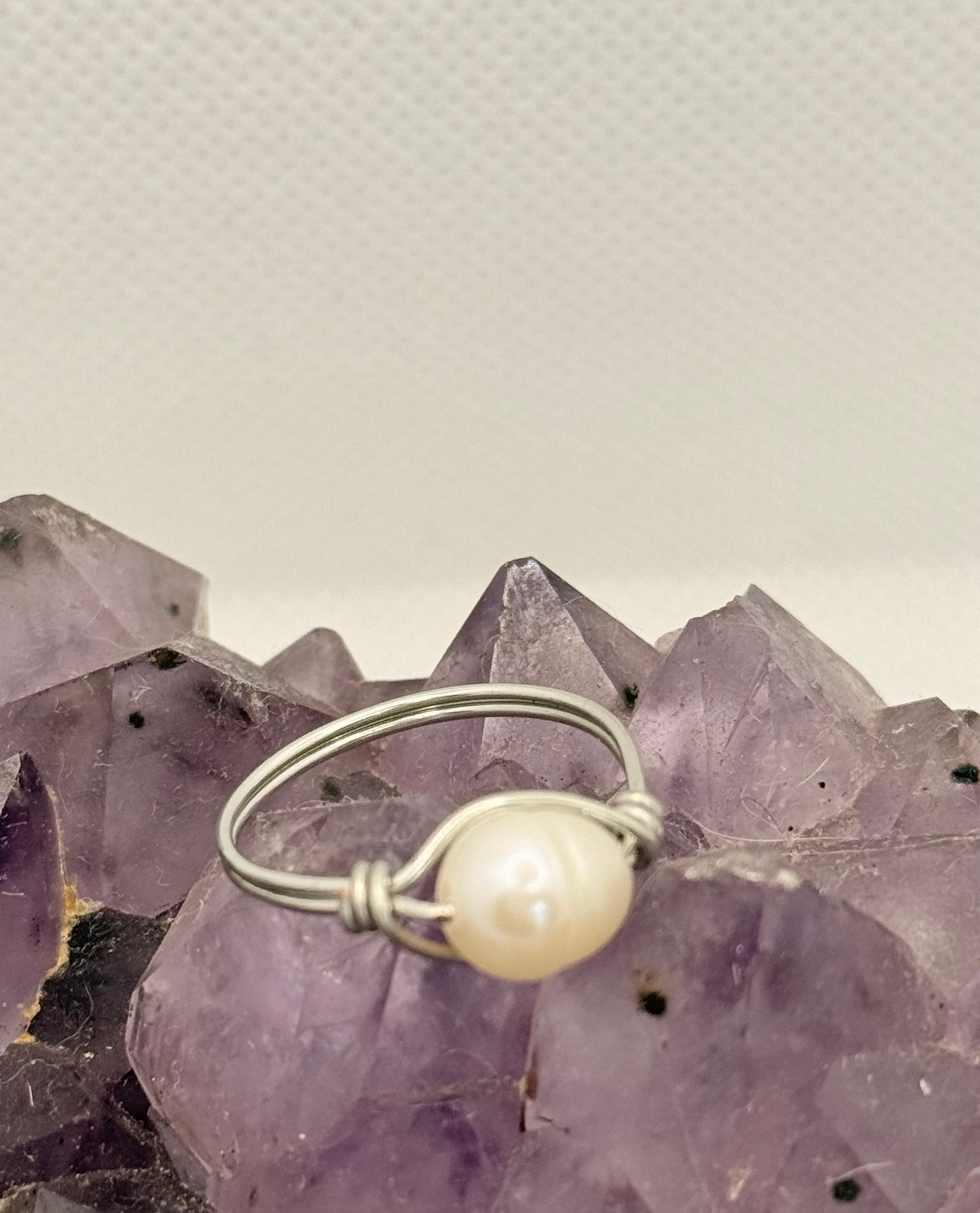 white freshwater pearl ring on tinned copper wire