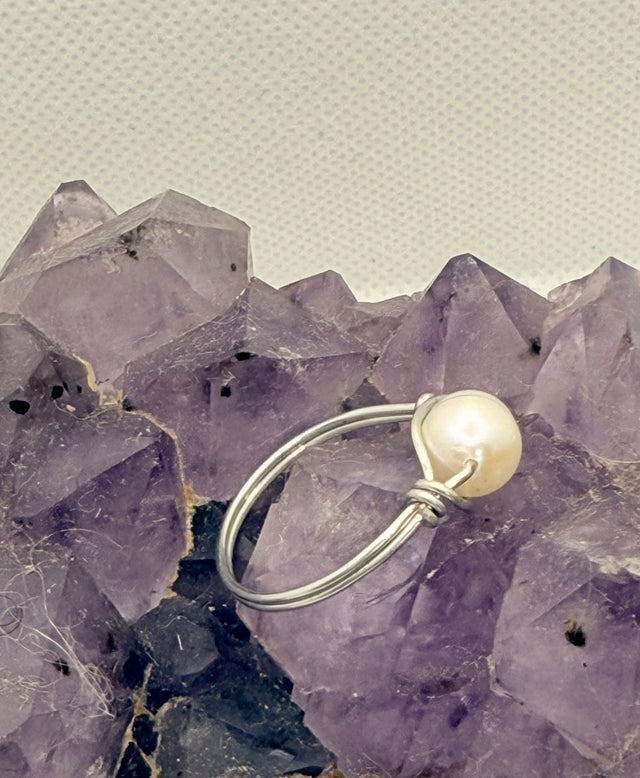 white freshwater pearl ring on tinned copper wire