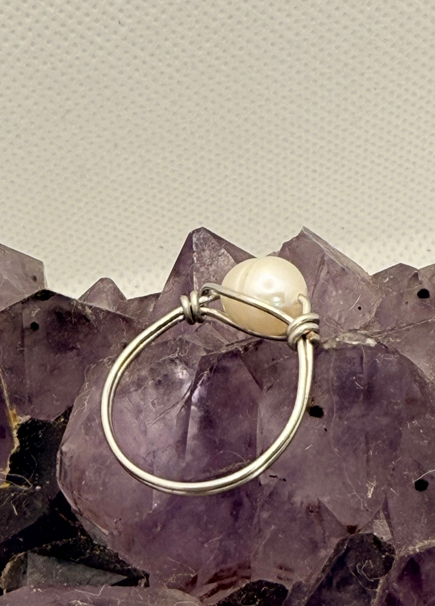 white freshwater pearl ring on tinned copper wire