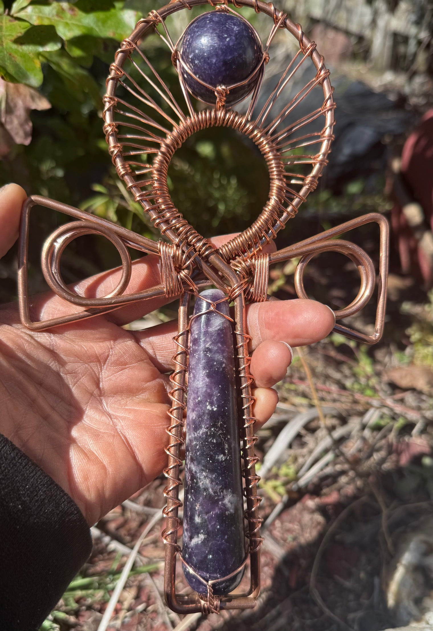 lepidolite wand and sphere copper handheld ankh