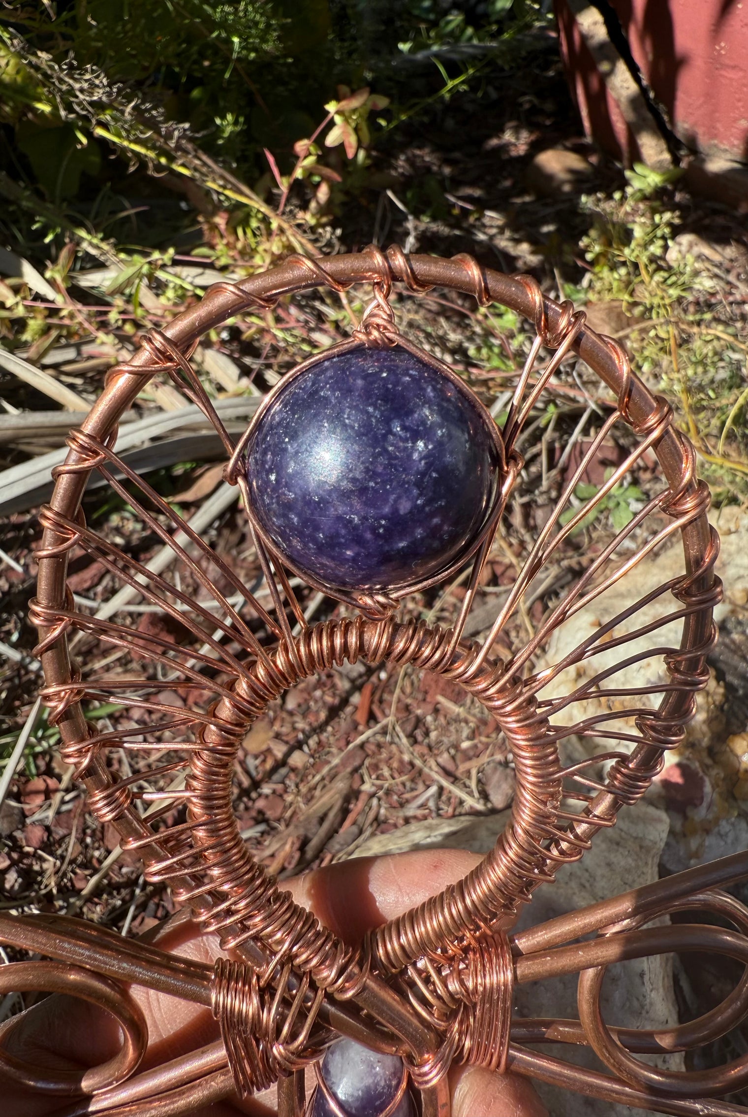 lepidolite wand in handle and lepidolite sphere at the top of a copper ankh 9 x 5.5 inch