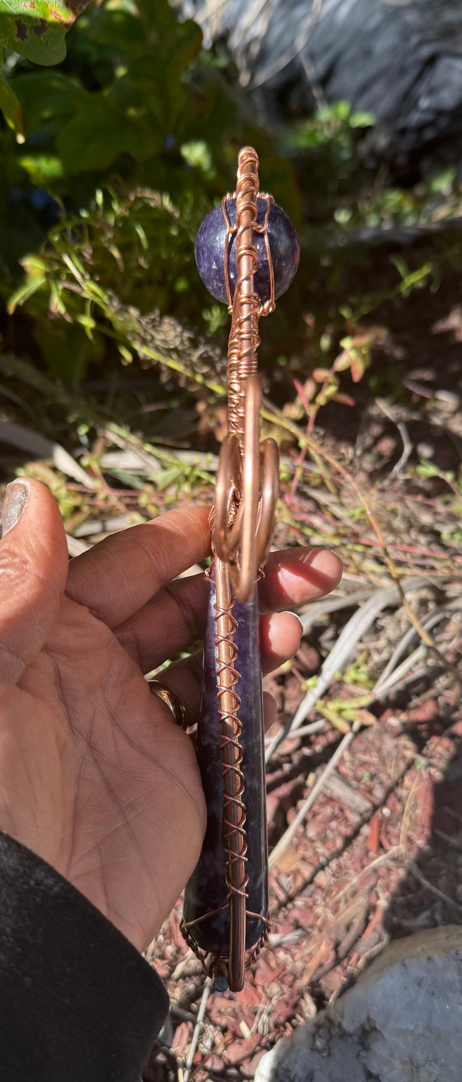 lepidolite wand and sphere copper handheld ankh