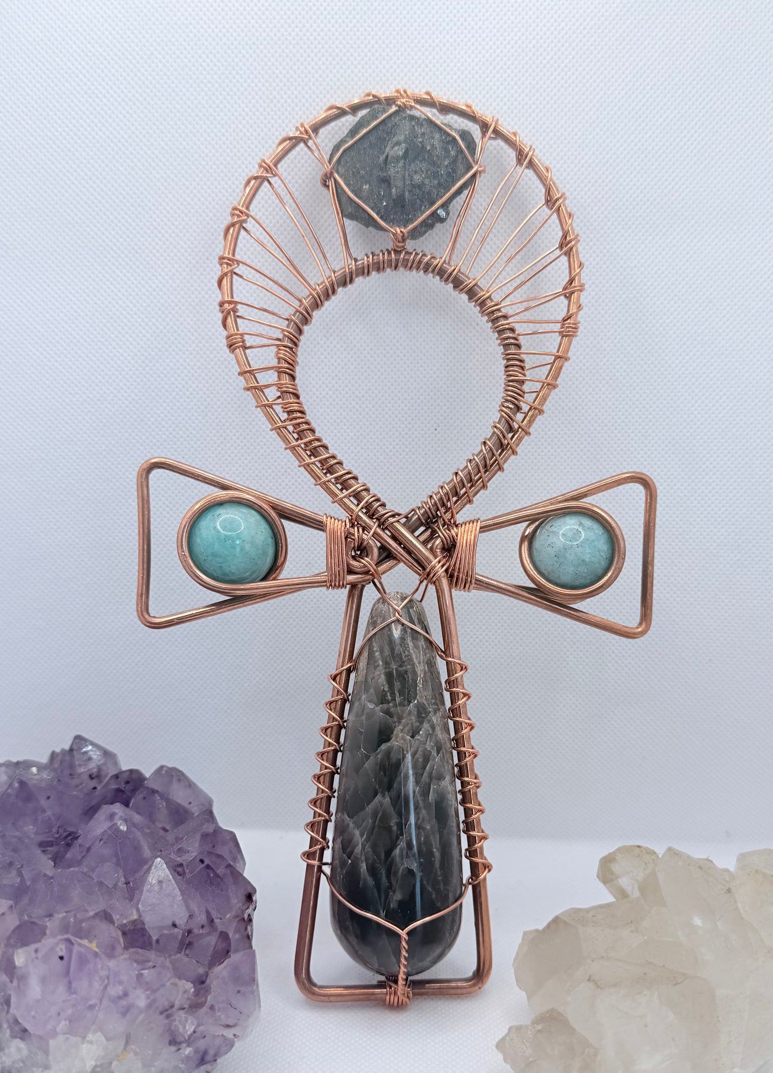 Black moonstone with amazonite spheres on the arms and epidote at the top of a 9.5 in copper wirewrapped ankh